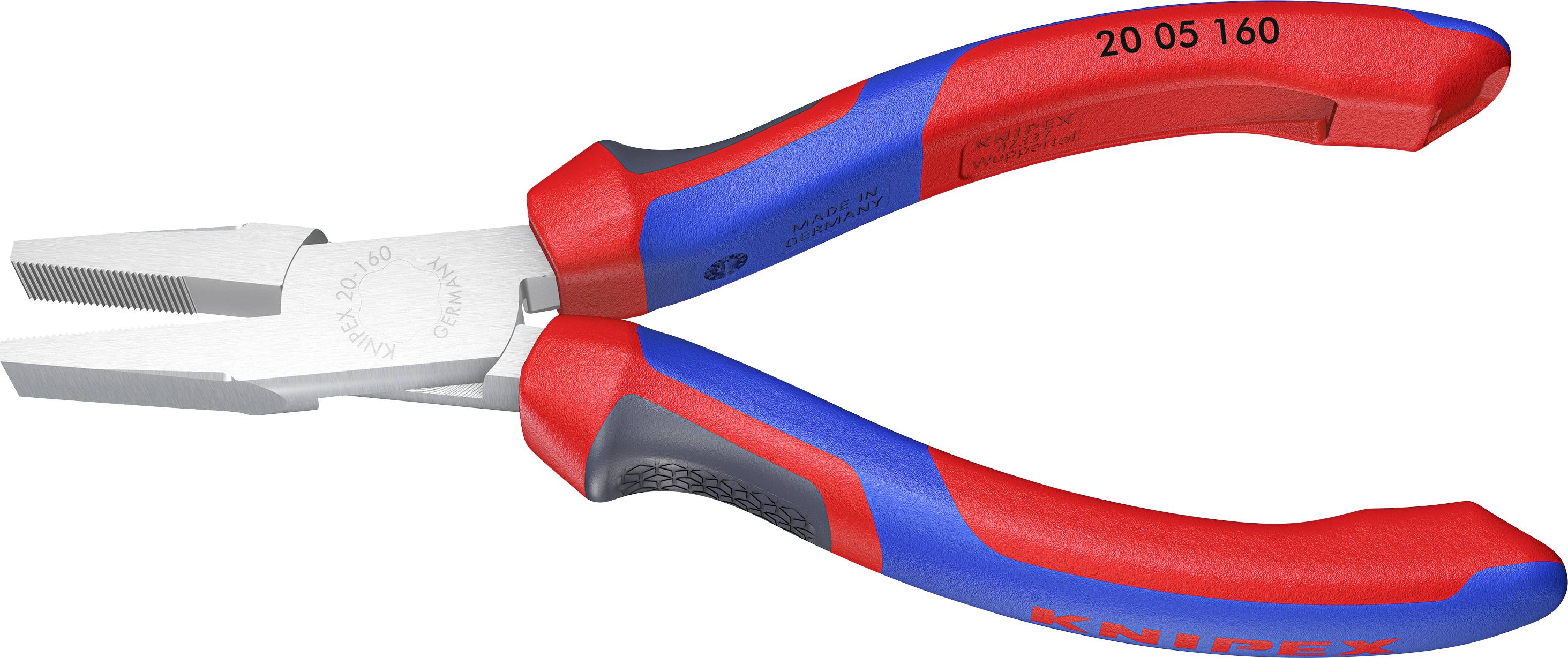 A red and blue combination pliers with a knurled gripping surface and the inscription '2005 160' on the handle.