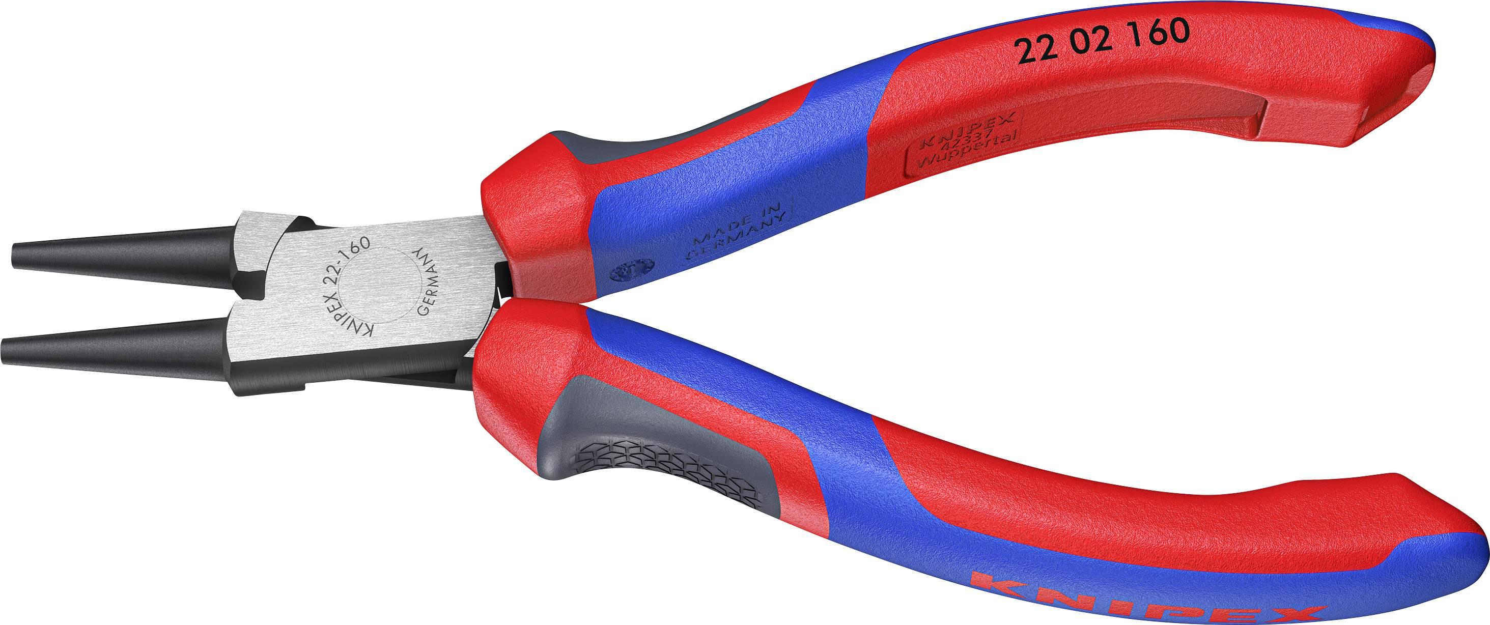 Red and blue pliers with metal jaws, suitable for gripping or holding small objects. Marked with '22 02 160' and 'Germany'.