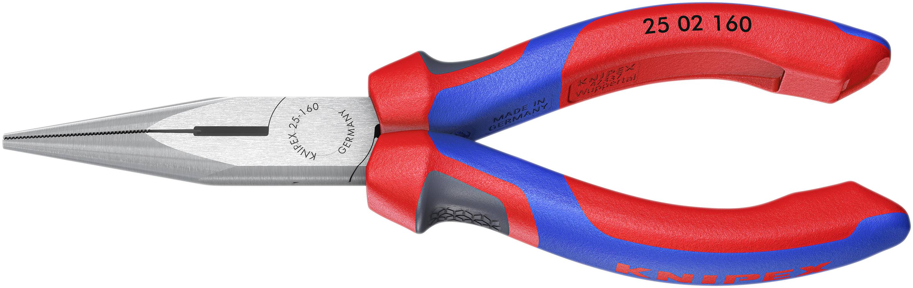 Long, narrow pliers with blue and red handles, suitable for precise gripping and cutting tasks.