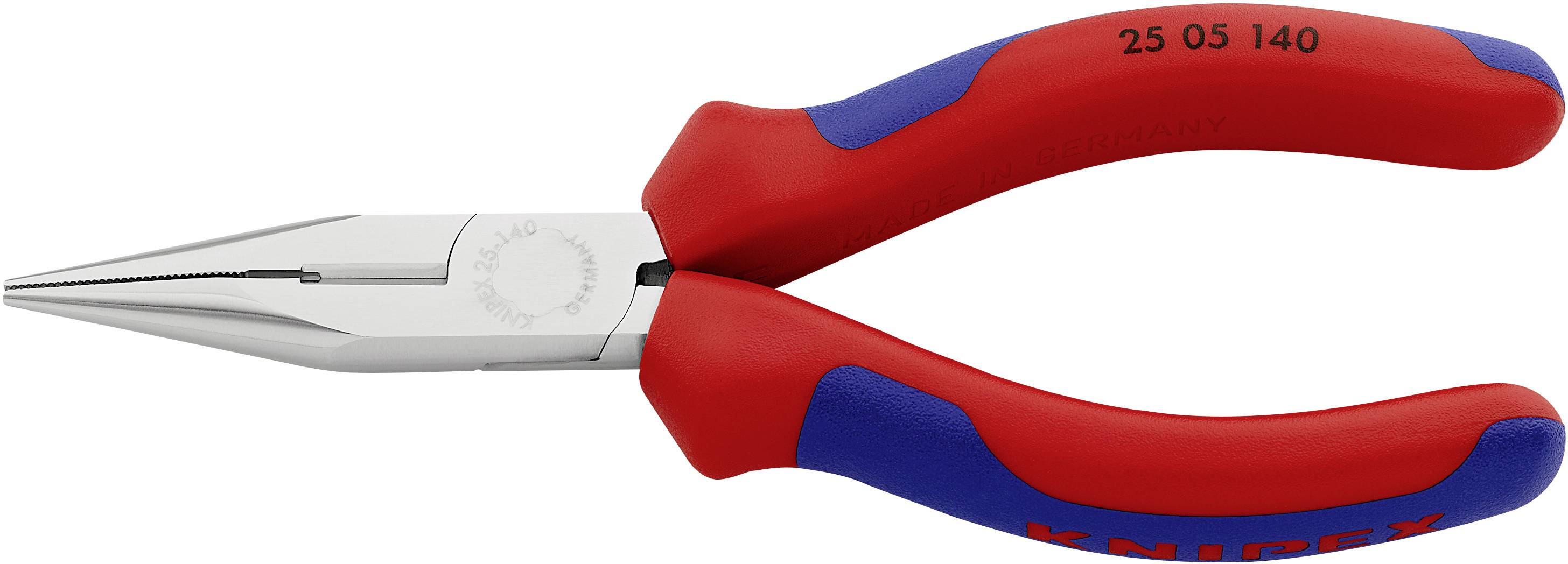A red and blue combination pliers made of metal with the inscription '25 05 140'.