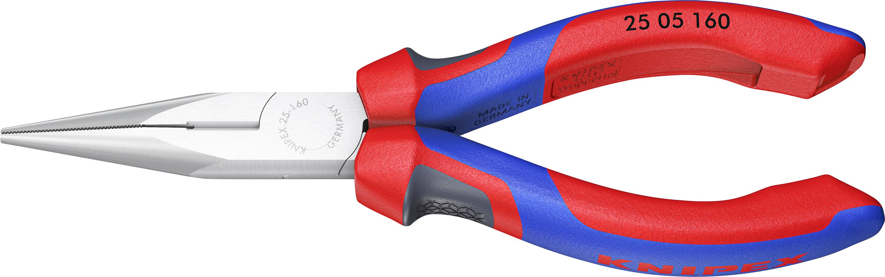 A red and blue pointed pliers with the inscription '25 05 160' on one handle and 'KNIPEX' on the other.
