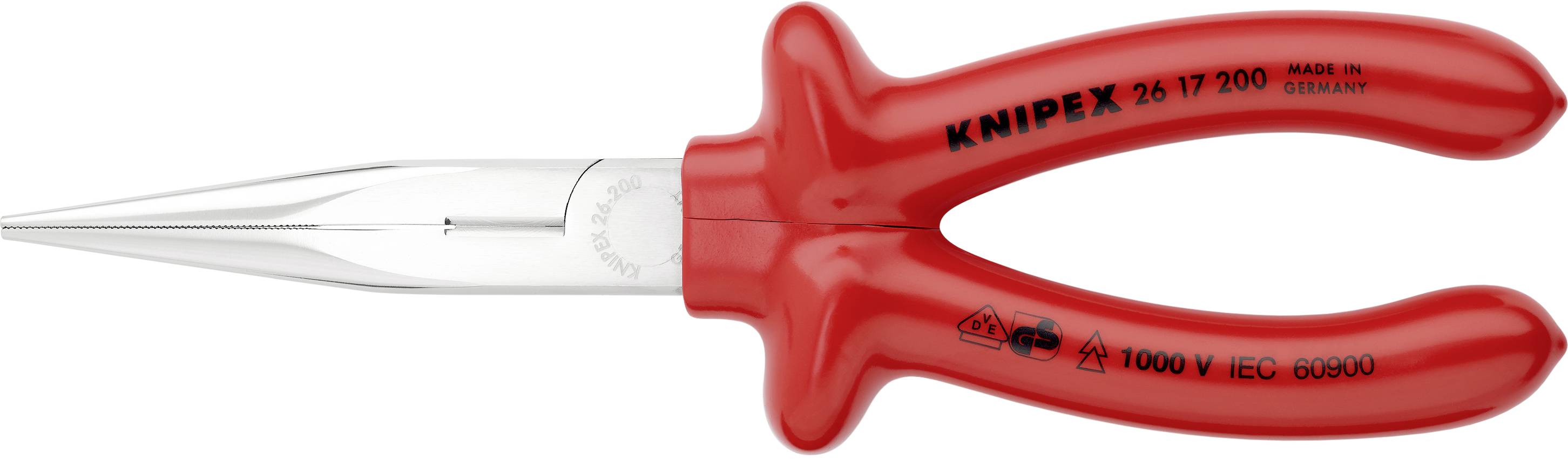 Red KNIPEX flat round-nose pliers with a long, pointed tip and insulated handles. Ideal for fine work and usable in electrical applications.