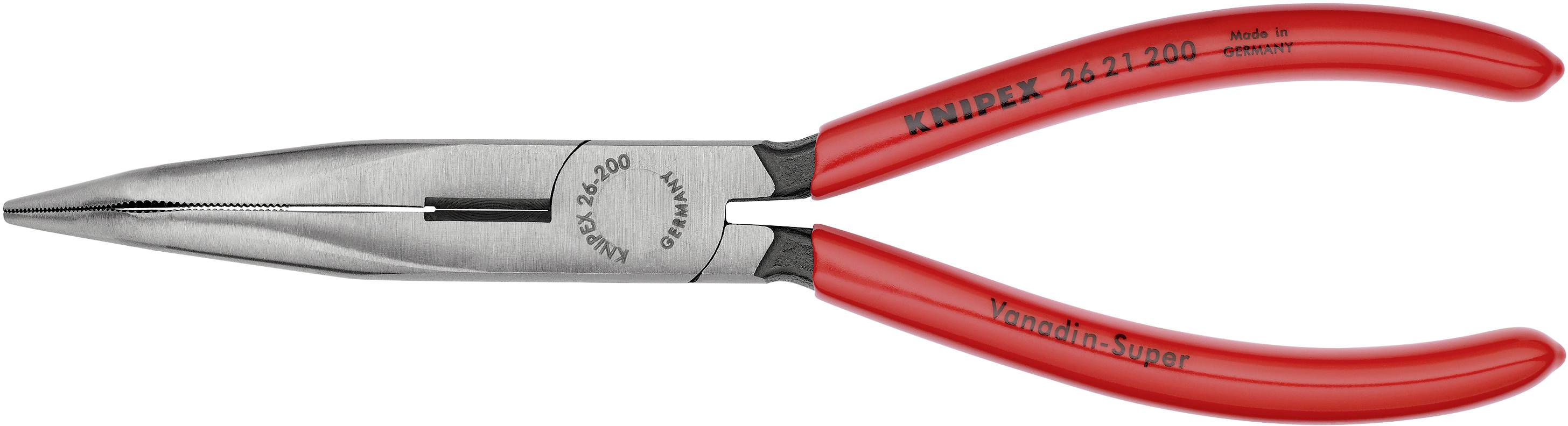 A red pointed pliers made of metal with insulated handles. The inscription 'KNIPEX 26 12 200' is visible on one of the handles.