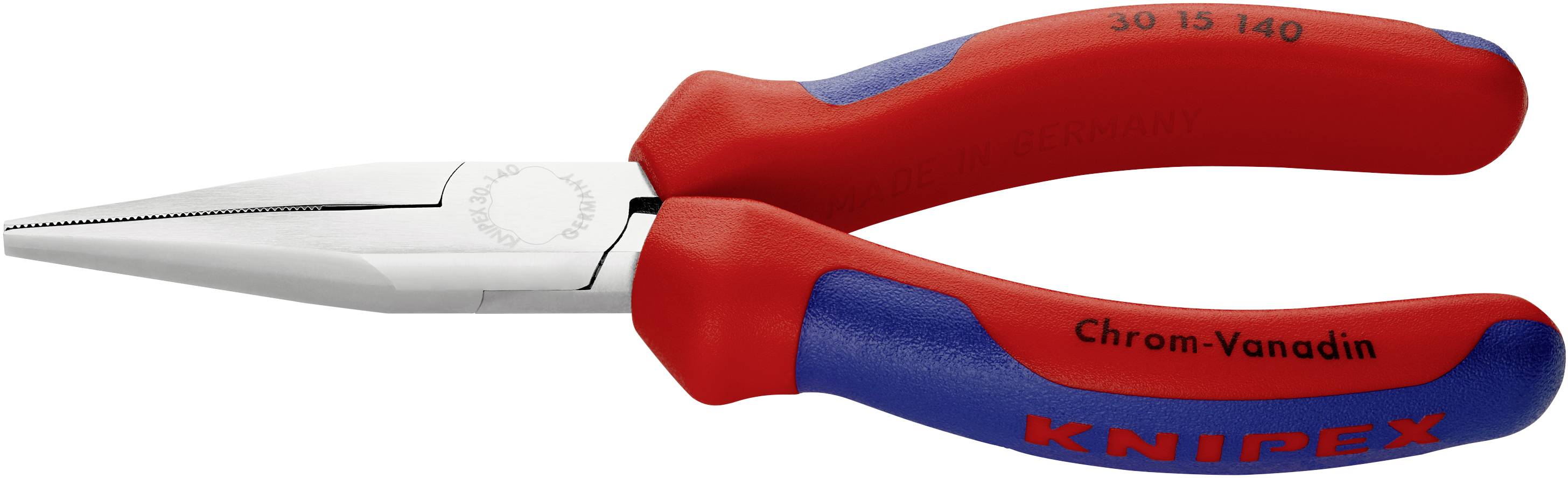 A red and blue pointed pliers with 'Knipex' printed on the handles. Suitable for precise gripping and cutting tasks.