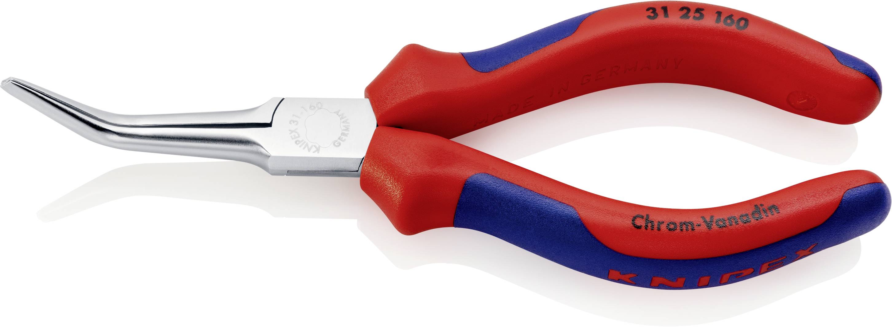 Red and blue precision pliers with curved tips, suitable for delicate work. Model number printed on the handle surface.