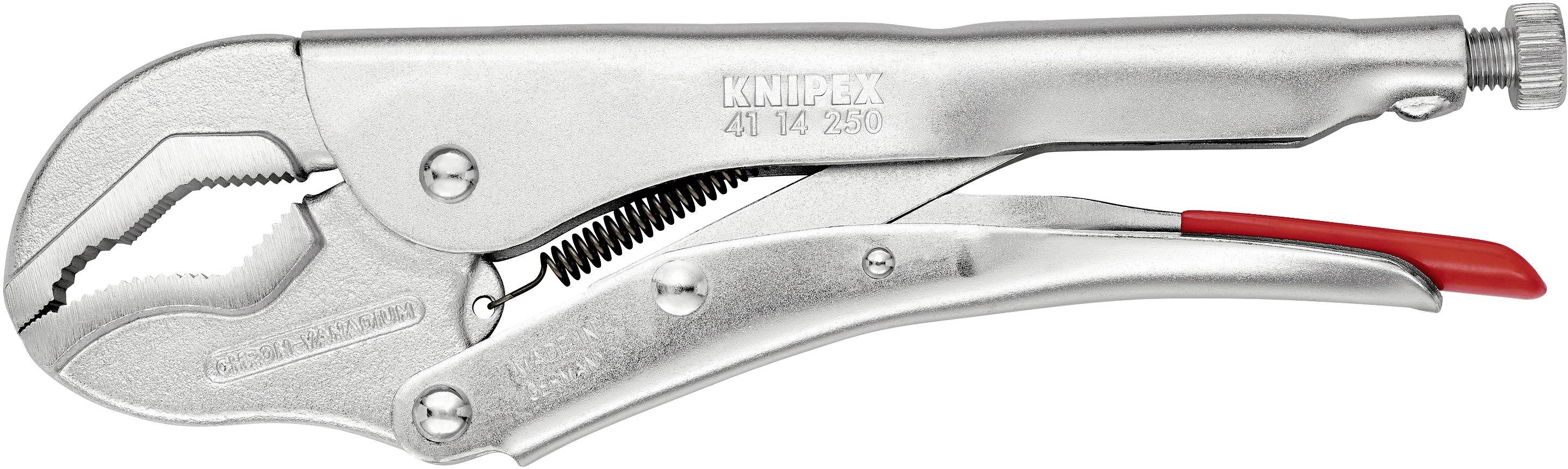 Metal locking pliers in a closed position, silver with a red lever handle, brand name visibly embossed on the pliers.