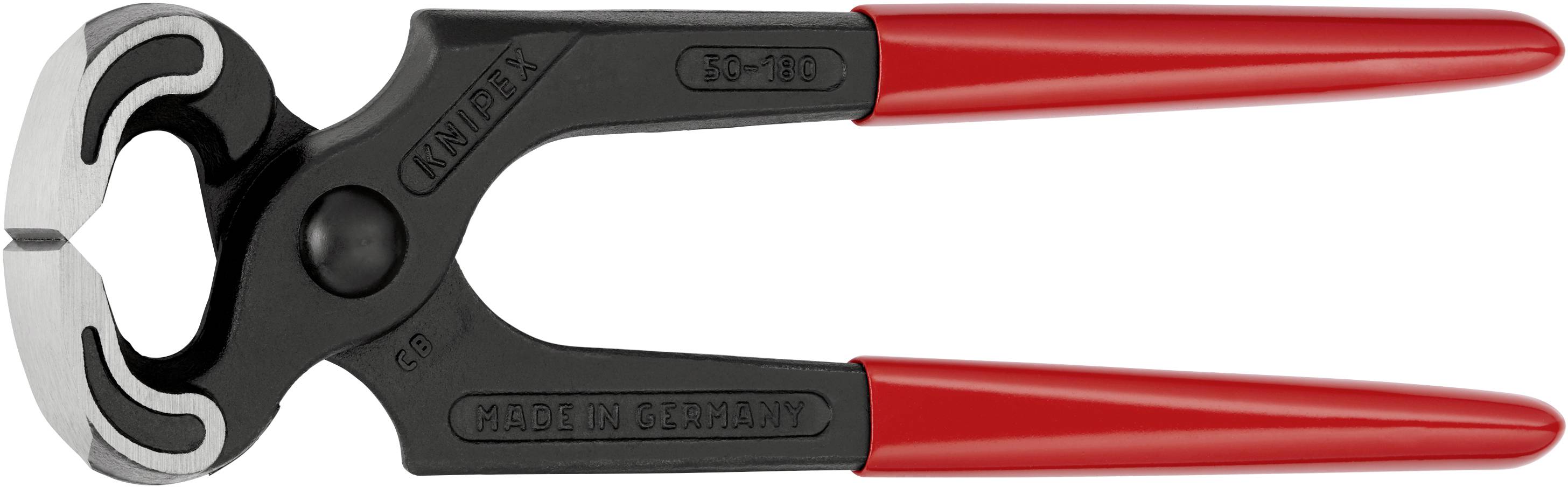 A black pair of pliers with red handles is shown.