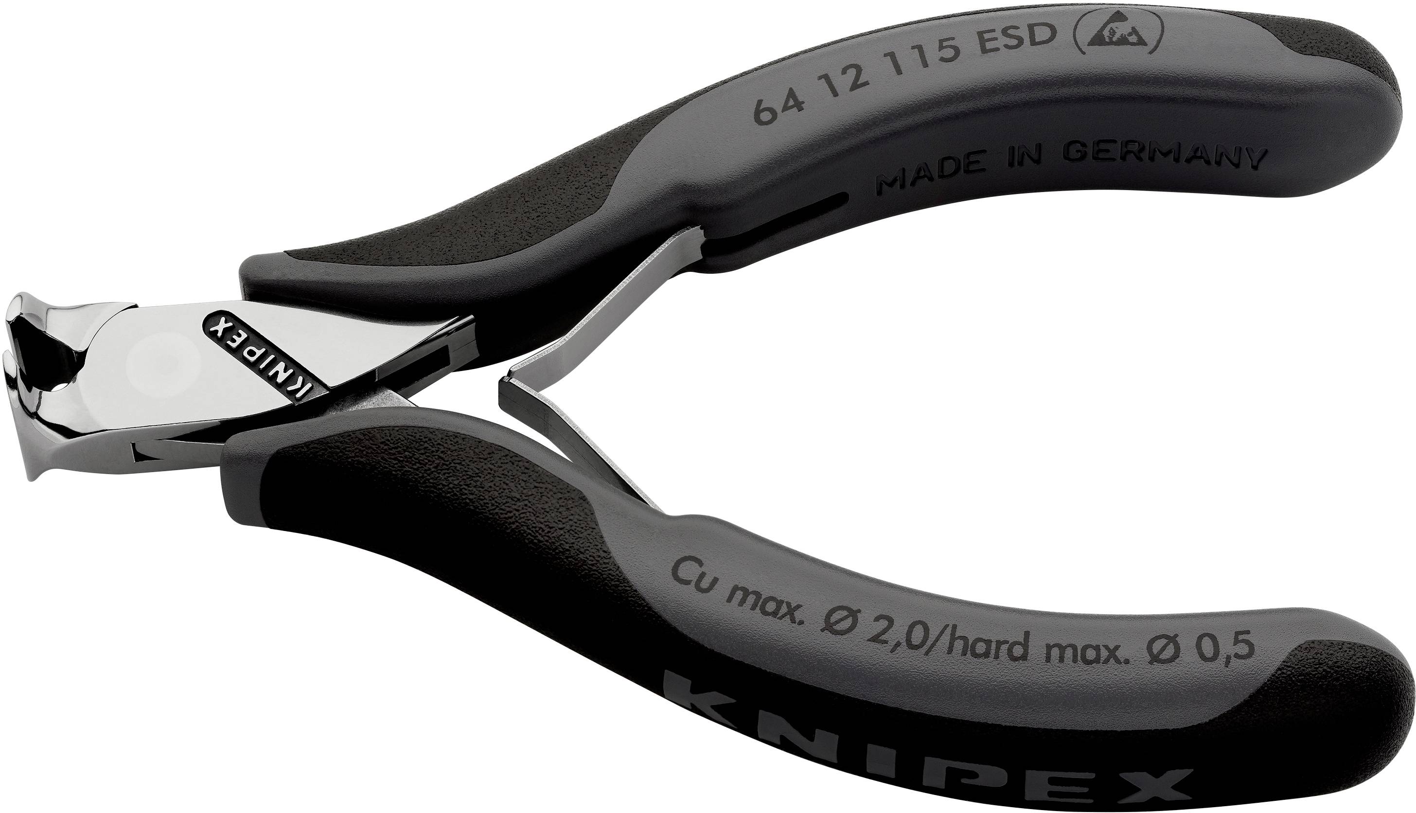 A black pair of pliers with the inscription 'KNIPEX', suitable for cutting copper wire up to 2.0 mm and hard wire up to 0.5 mm.