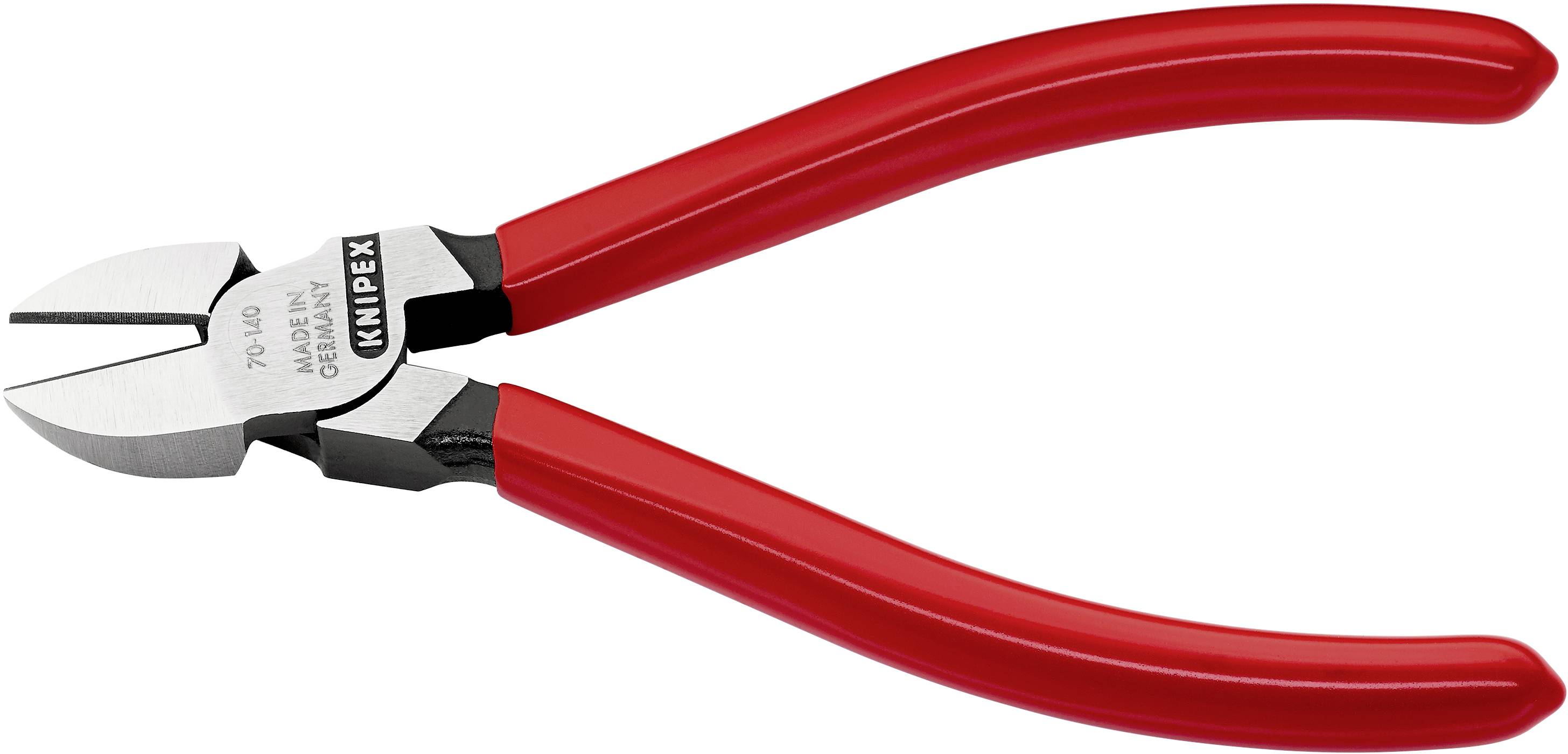 Red side-cutting pliers with silver jaws and the brand name on the side, used for cutting wires or cables.