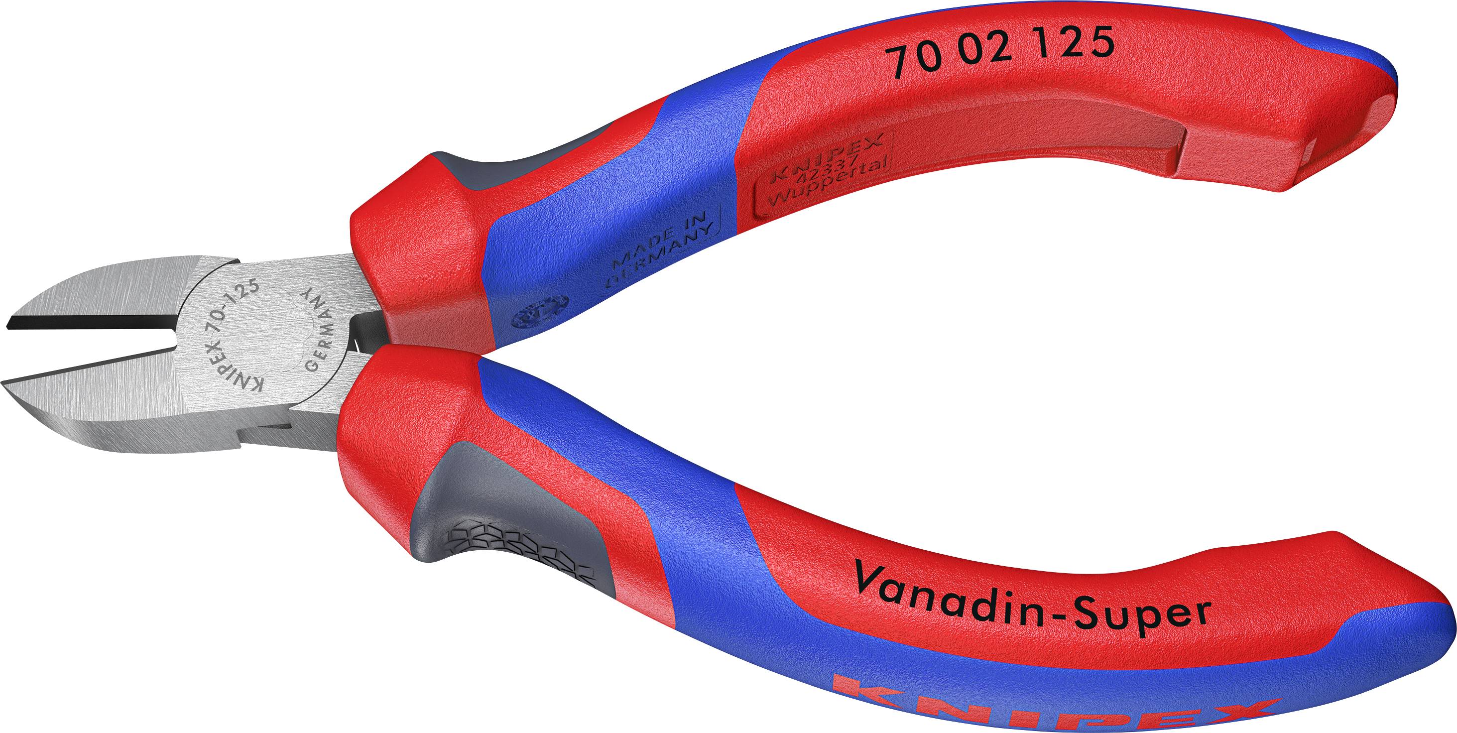 Knipex Side Cutters with red and blue plastic handles and stainless steel cutting edge, Model 70 02 125.