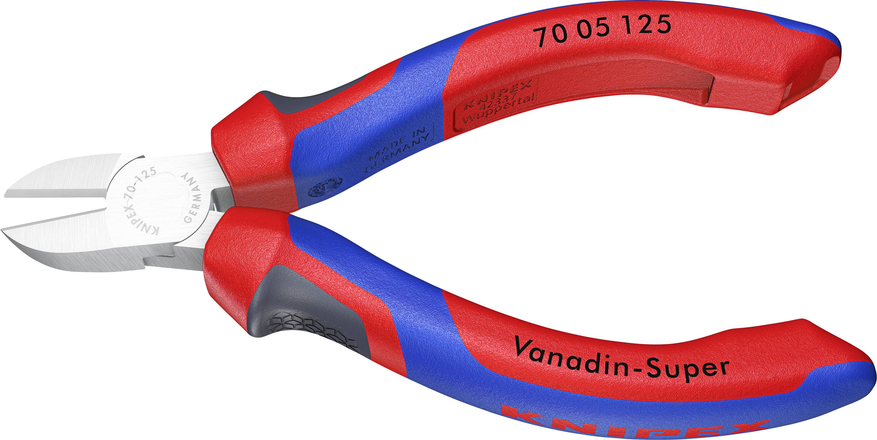 Side cutters made of steel with red and blue handles, labelled 'Vanadin-Super'. Suitable for cutting wire.