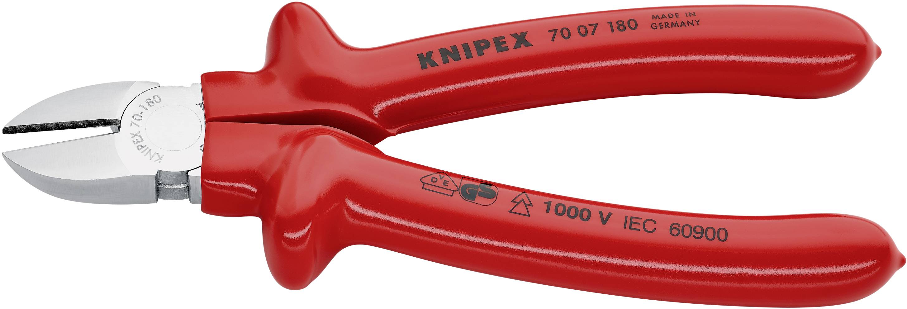 Red Knipex Side Cutters, Model Number 70 07 180, Made in Germany, suitable for 1000V in accordance with IEC 60900.