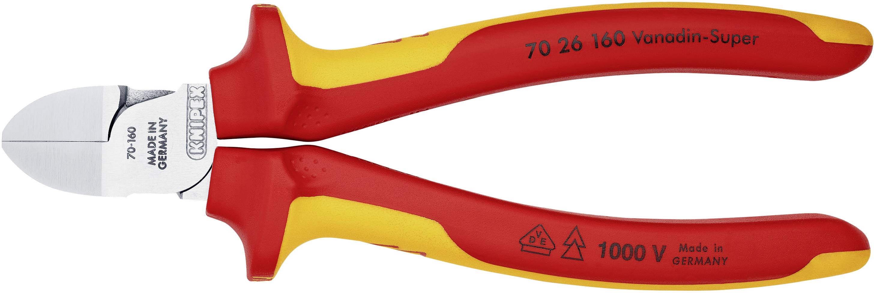 Side view of a red and yellow side cutters, suitable for work up to 1000V. Manufactured in Germany.
