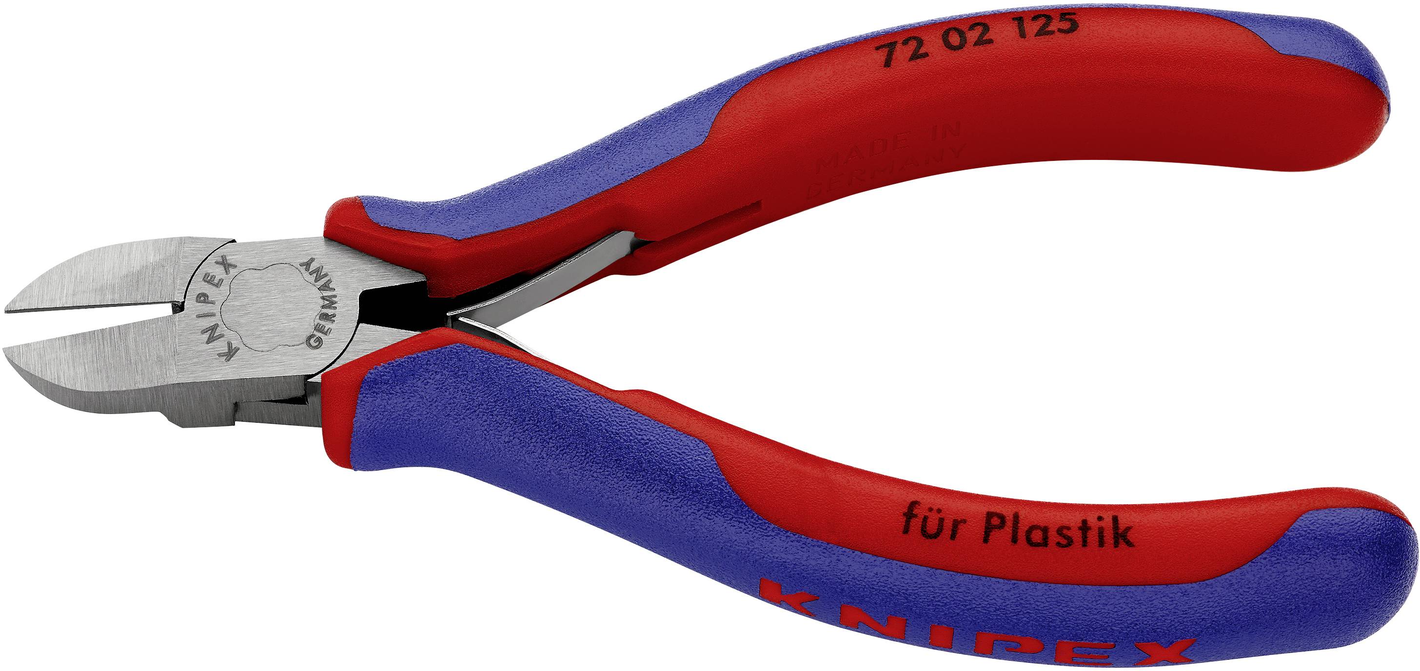 A red and blue Knipex side-cutting pliers, suitable for cutting plastic.