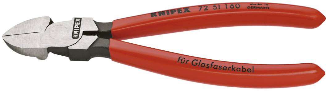 A red side-cutting pliers by Knipex, suitable for fibre optic cables, made of metal, manufactured in Germany.