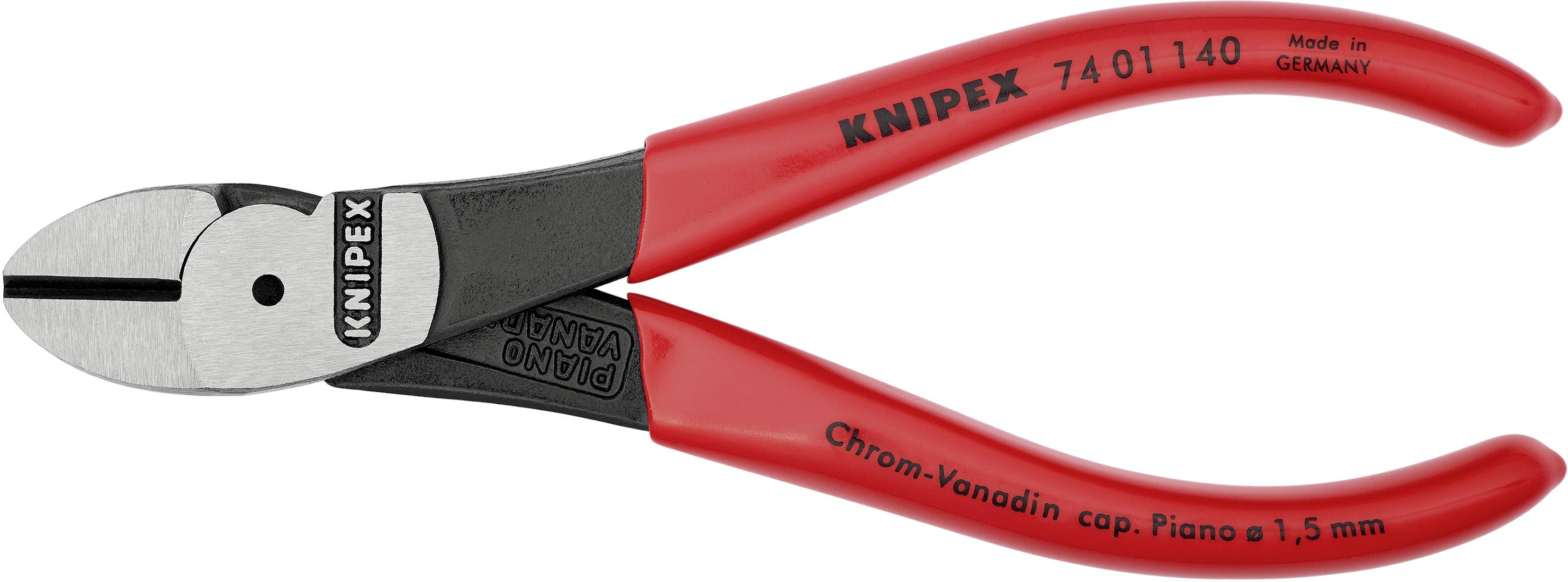 A red Knipex cutting pliers with the inscription 'Chrome-Vanadium cap. Piano ø 1.5 mm' and 'Made in Germany', suitable for cutting.