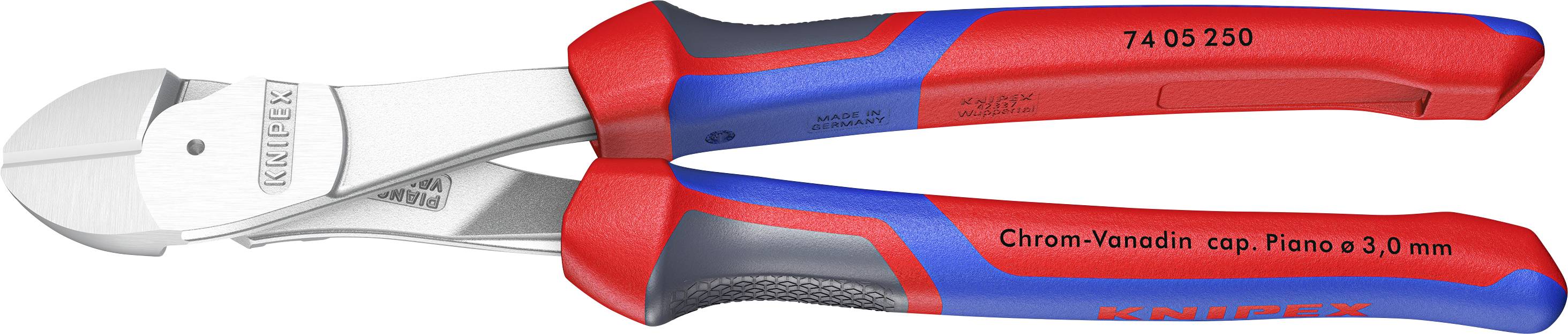 Red and blue handled Knipex diagonal cutting pliers with polished chrome-vanadium steel jaws, marked with the model number '74 05 250'.
