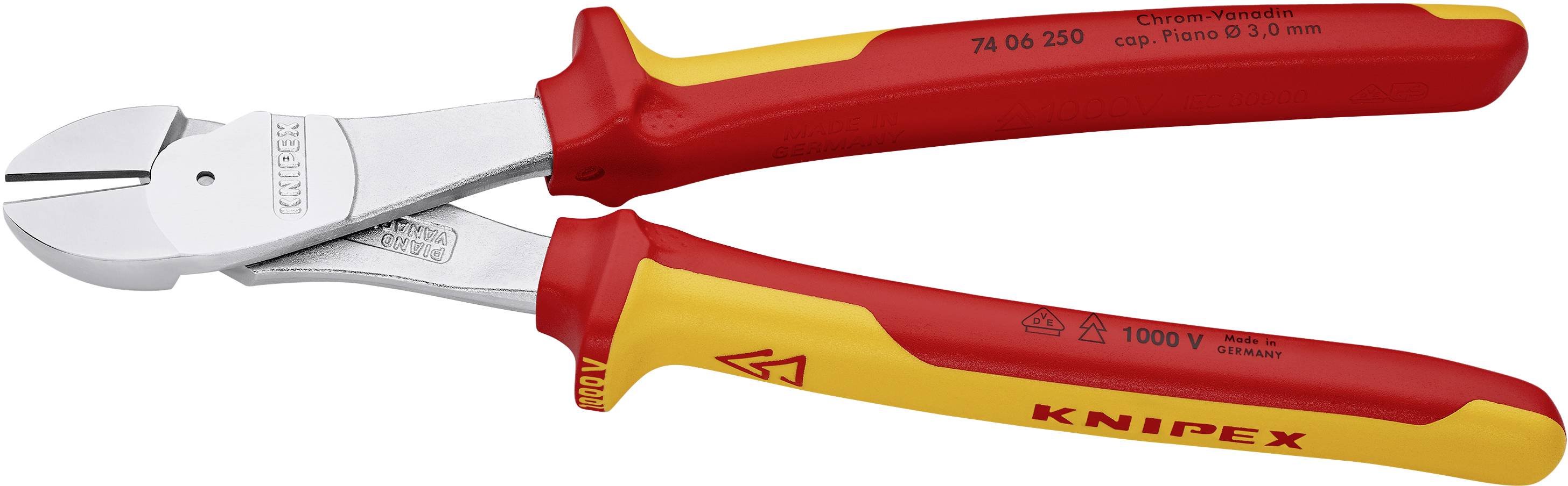 Red and yellow VDE-insulated cable cutting pliers. Suitable for work on live parts up to 1000V.
