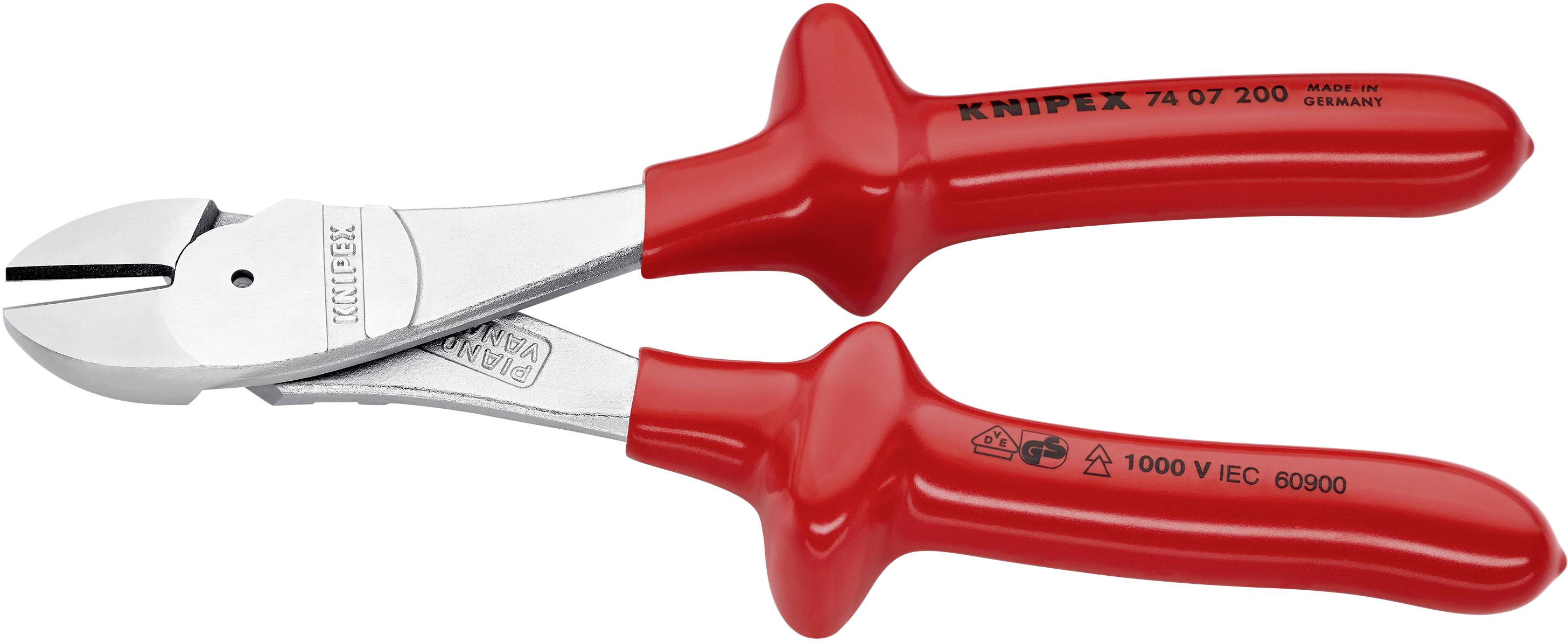 Tool image: Side cutter with red, insulated handles, suitable for voltages up to 1000 V, brand name and model number on handle.