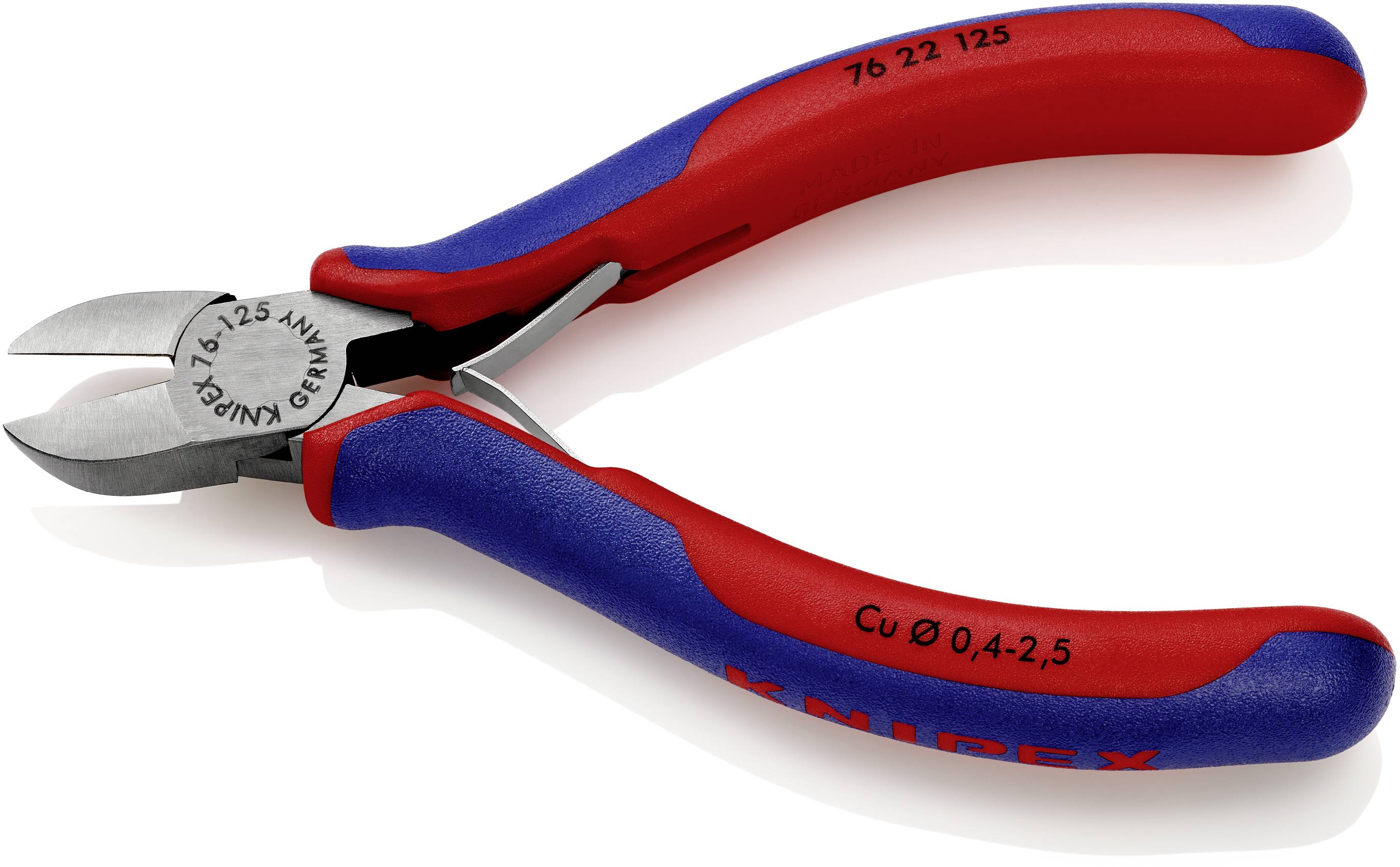 A red and blue side cutter with 'KNIPEX' engraving, suitable for cutting wires.