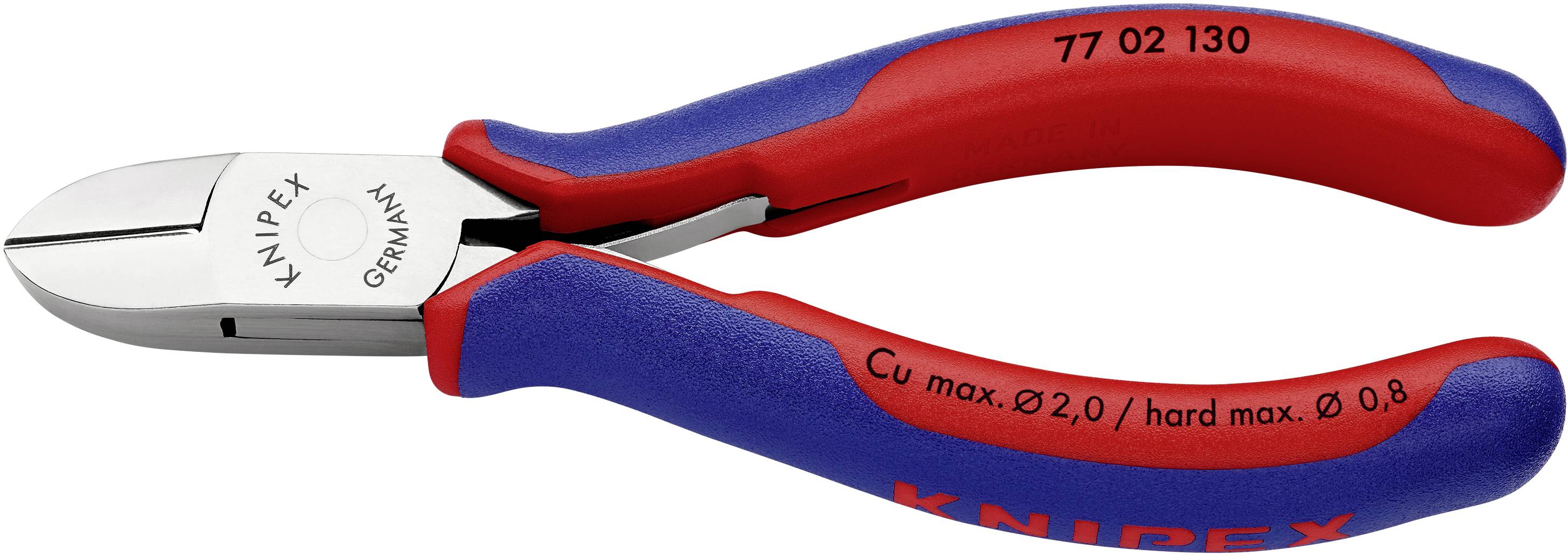 Side cutters with blue and red handles. 'Knipex Germany' inscription and specifications for cable diameter.