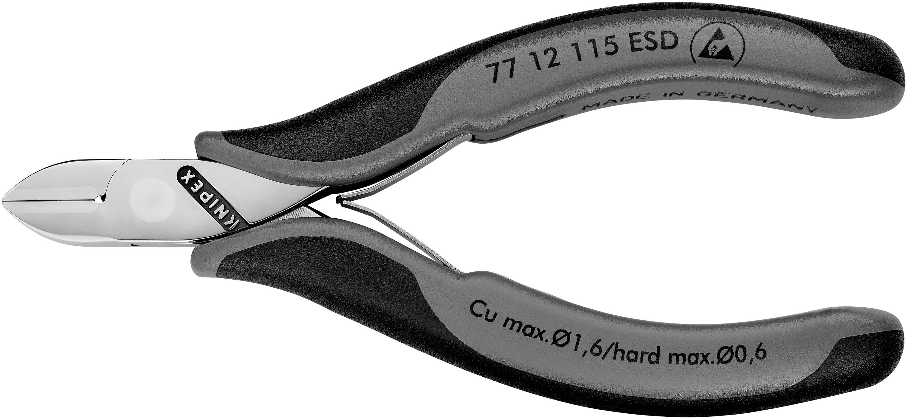 The image shows a black ESD side cutter from Knipex. It is suitable for copper wire with a maximum diameter of 1.6 mm.