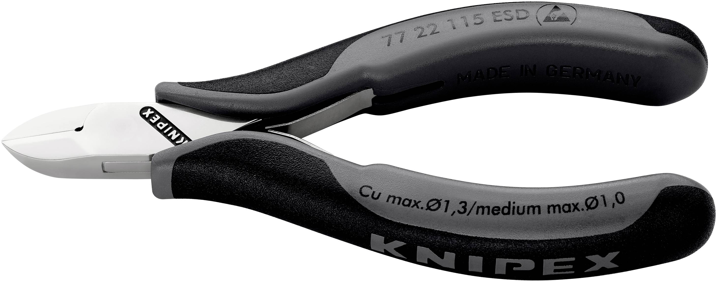 Side cutters with a black and grey handle, 'Knipex' label, suitable for precise wire cutting, manufactured in Germany.