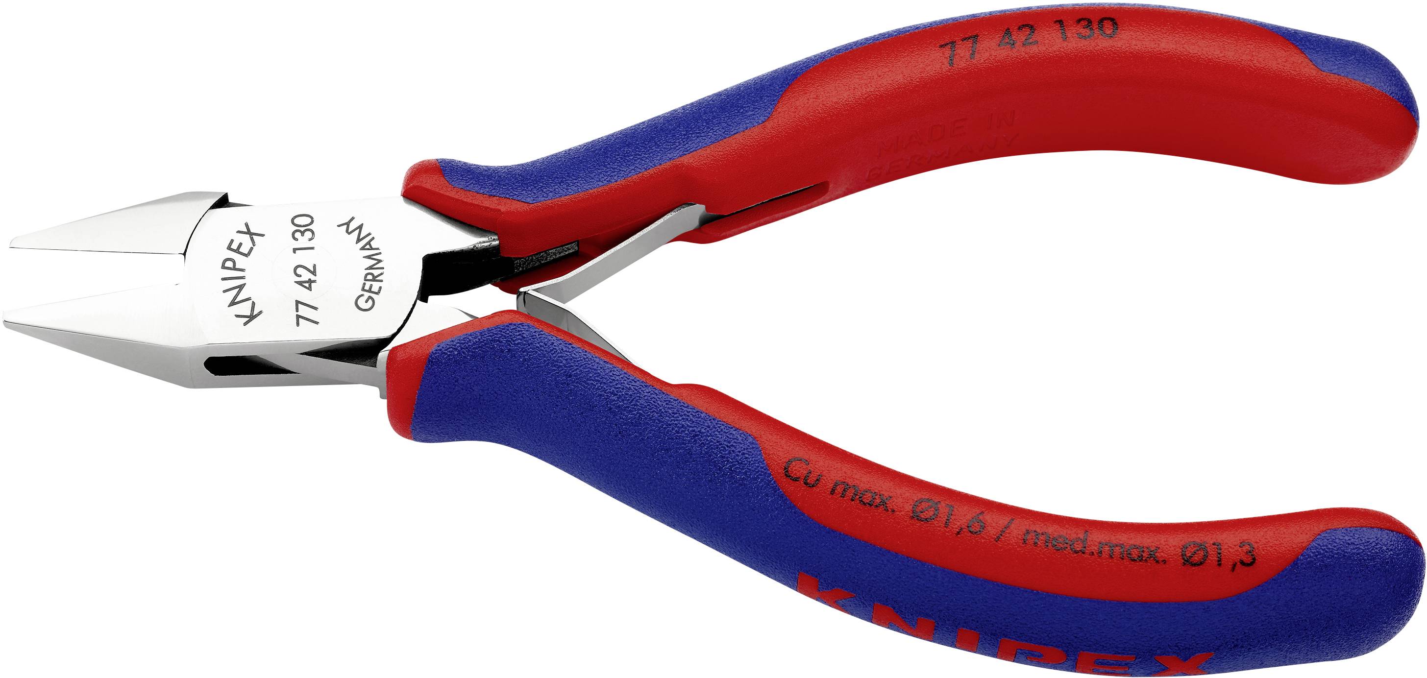 Side cutters with red and blue handles, metal head and the inscription 'Knipex'.
