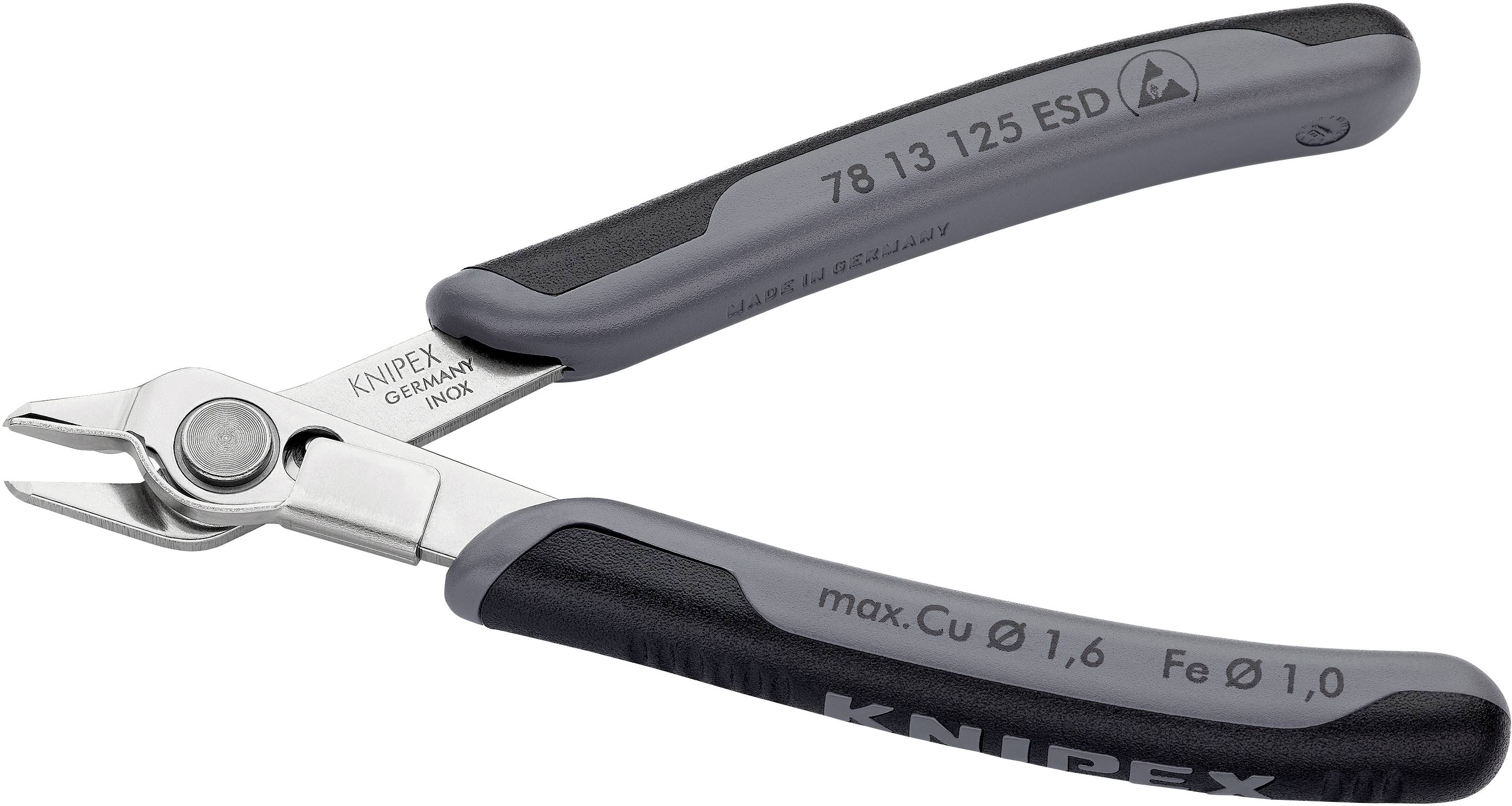 Side cutters with grey handle, suitable for electronic work. Markings: 'KNIPEX' and 'max. Cu Ø 1.6 Fe Ø 1.0'.