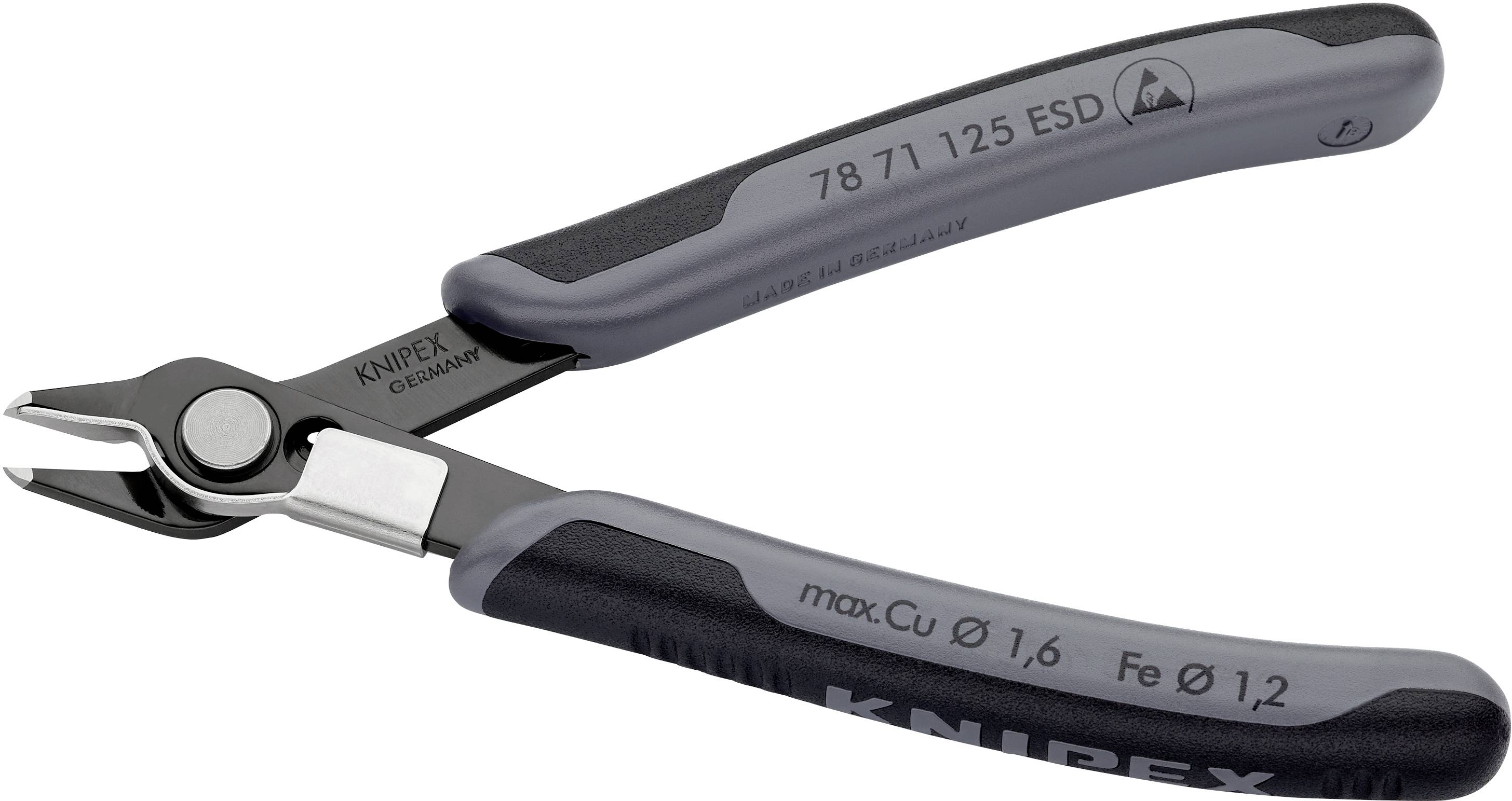Pliers with grey and black handle, marked as Knipex, suitable for copper wires up to 1.6 mm and iron wires up to 1.2 mm.