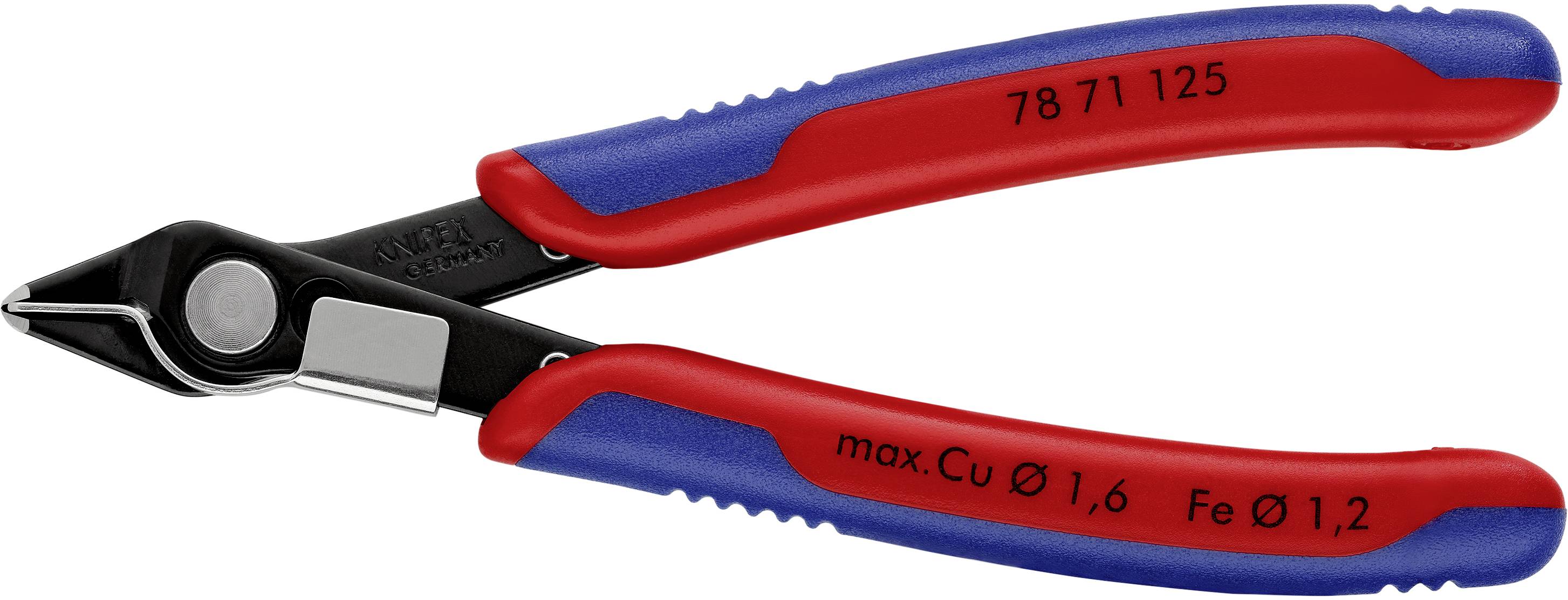 Side cutters, red and blue handles, black blades. Ideal for cutting copper wires up to 1.6 mm and iron up to 1.2 mm.