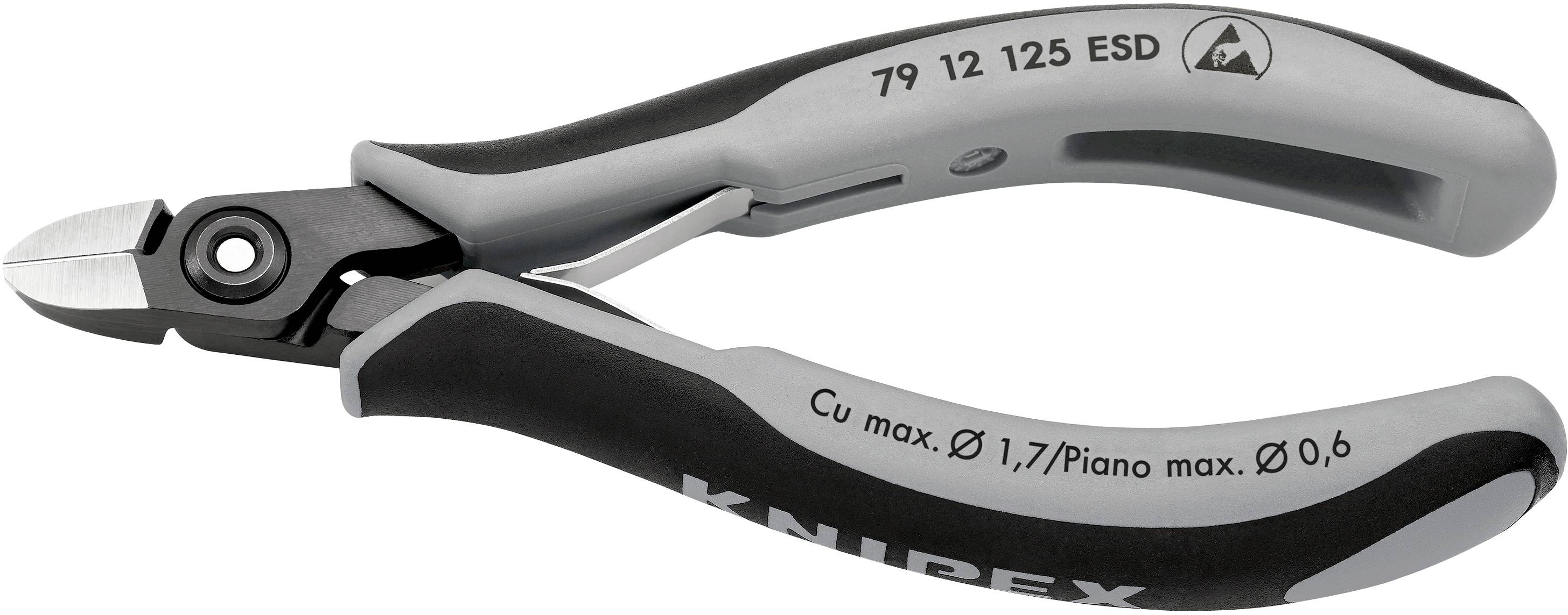 Side cutters with grey and black grip surface, suitable for copper wires up to Ø 1.7 mm and piano wire up to Ø 0.6 mm.