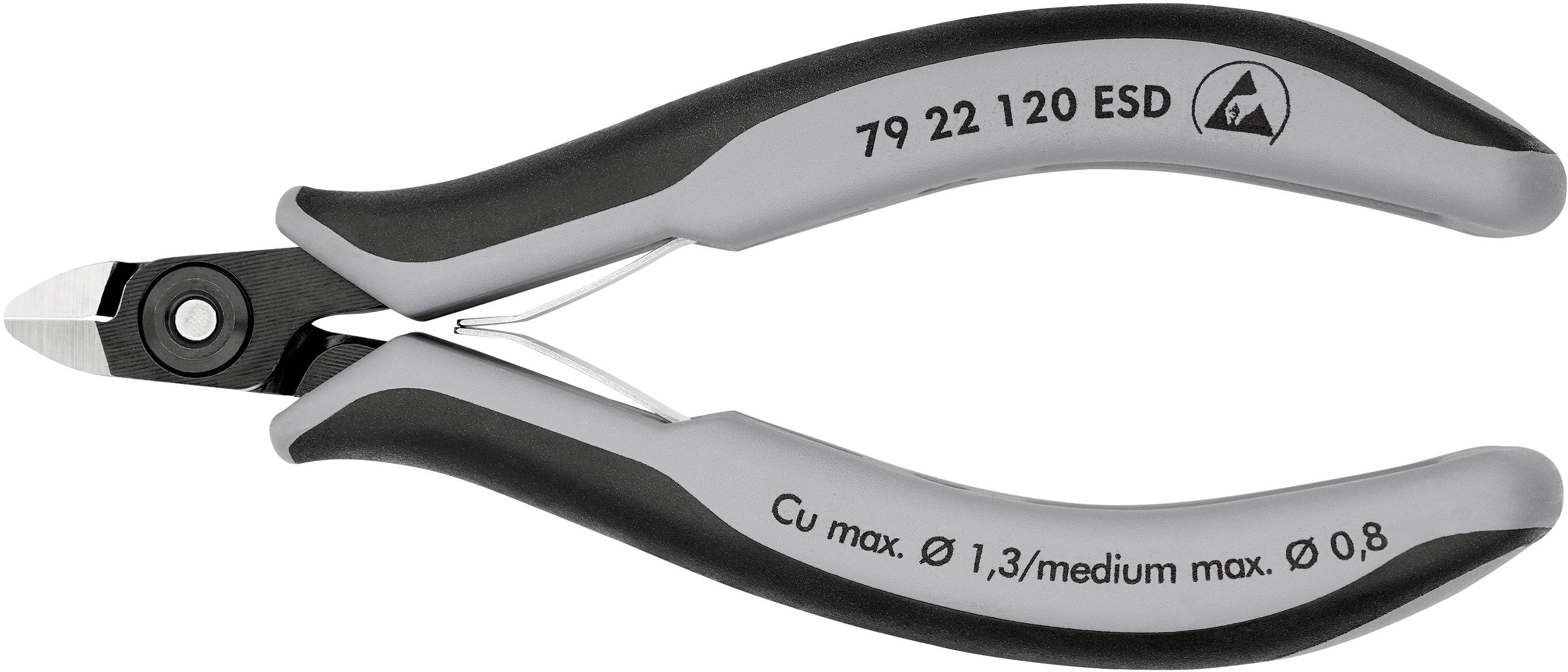 Side cutters with grey and black handle, labelled 'Cu max. Ø 1.3/medium max. Ø 0.8', suitable for precise cutting.