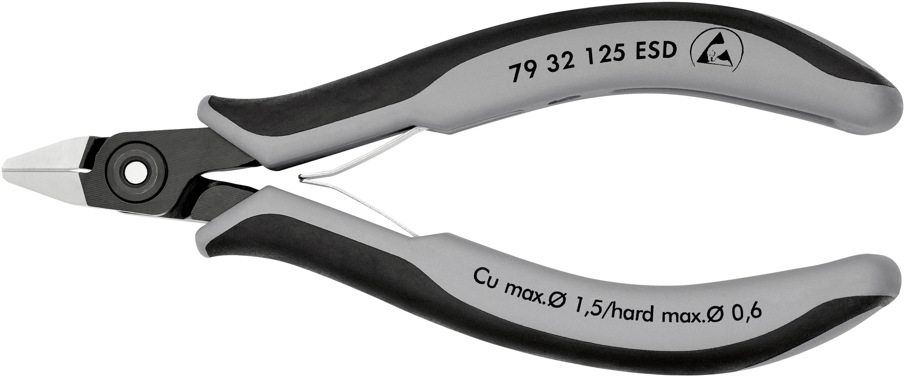 Side cutters with ergonomic handle, markings '79 32 125 ESD' and 'Cu max. Ø 1.5/hard max. Ø 0.6', black-grey.
