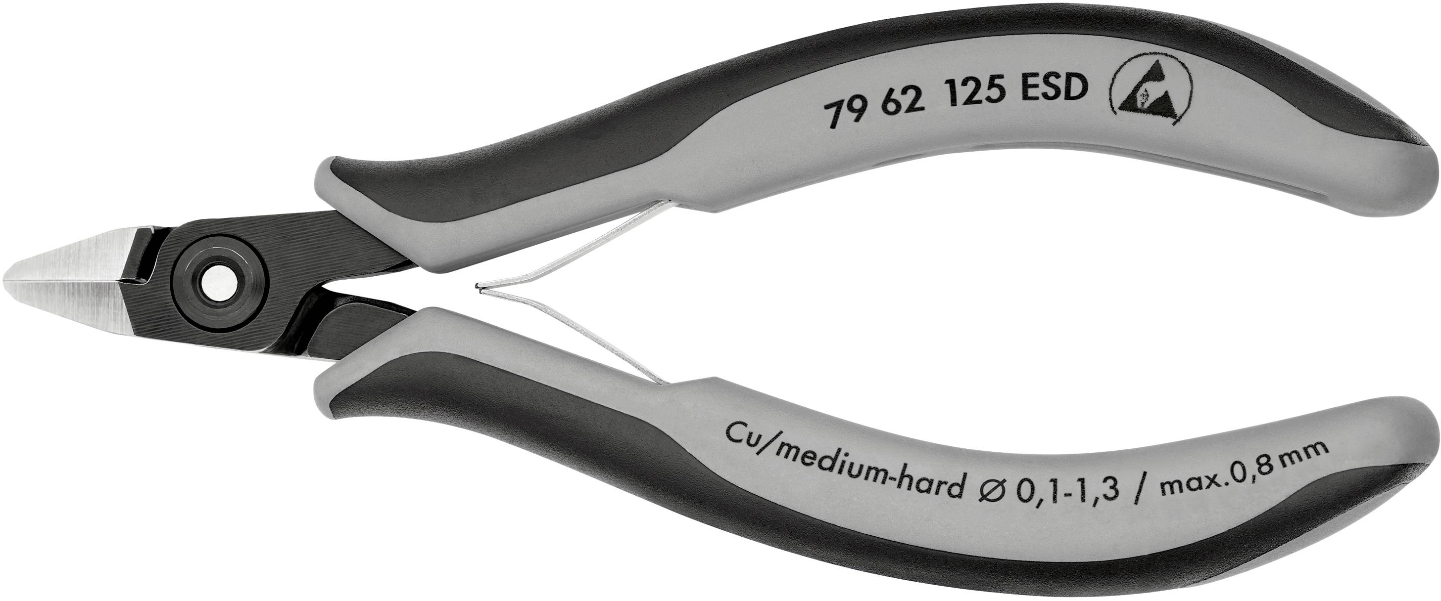 Side cutters with black and grey handle, embossed with '79 62 125 ESD'. Suitable for soft to medium-hard wire, diameter 0.1-1.3 mm.