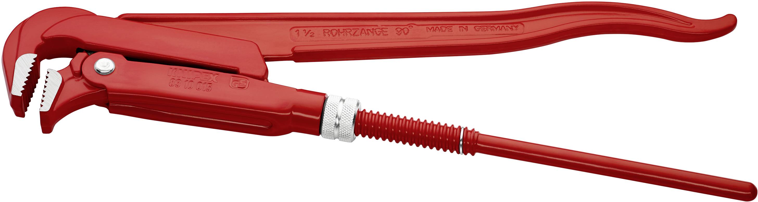 Red pipe wrench with adjustable jaw and ribbed grip. Suitable for plumbing work and adapting to various pipe diameters.
