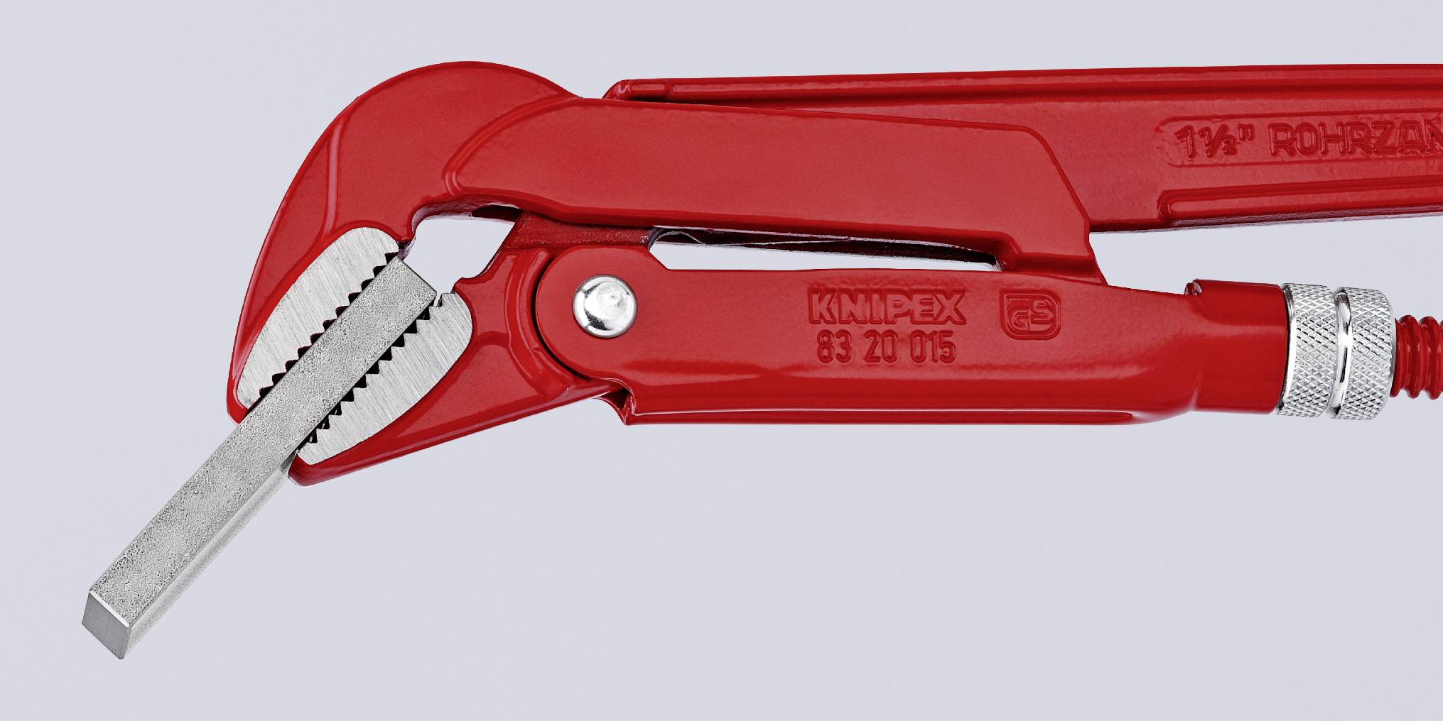 Red pipe wrench on a grey background, high-quality metal tool with serrated gripping surface for gripping and turning pipes.