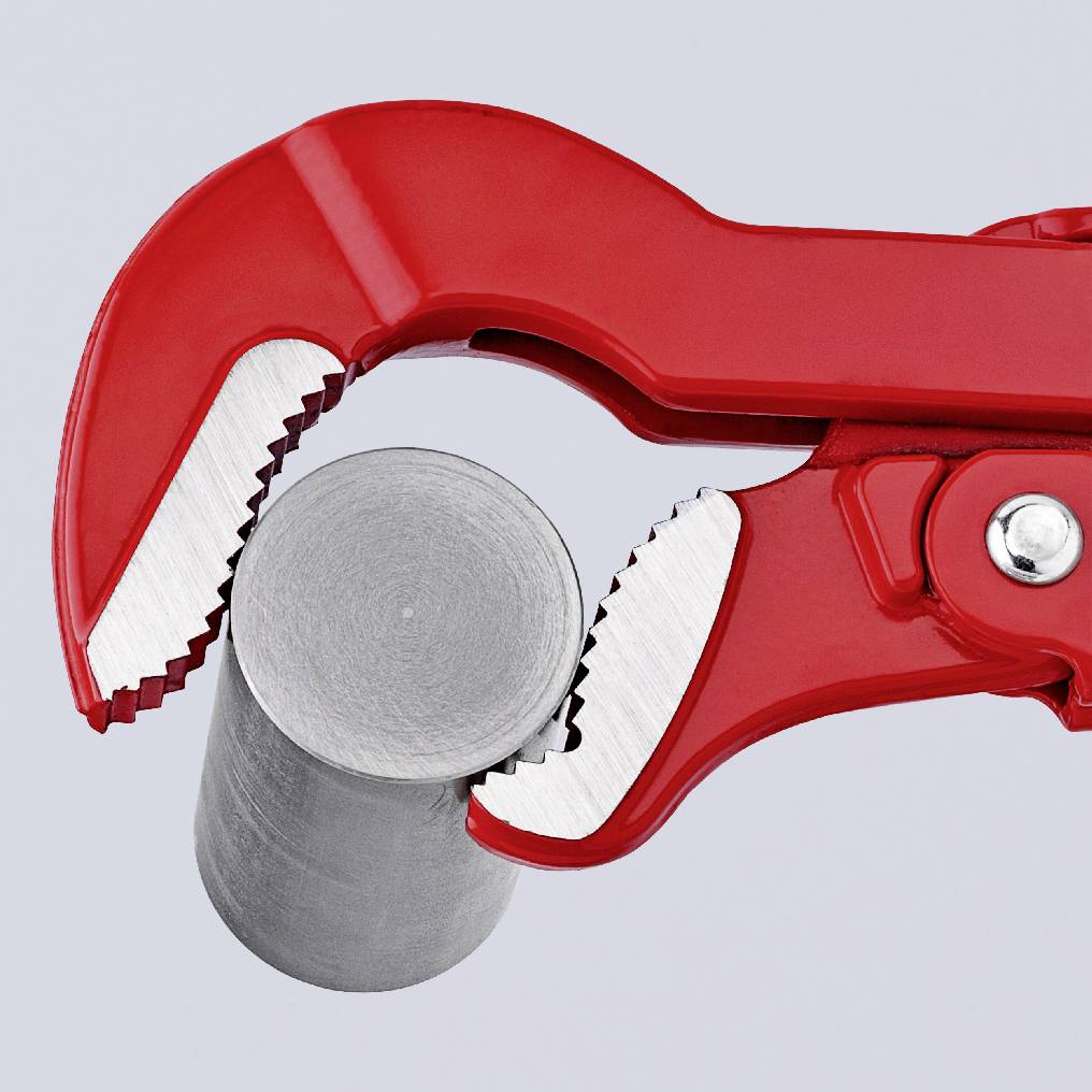 A red pipe wrench grips a metal bar.