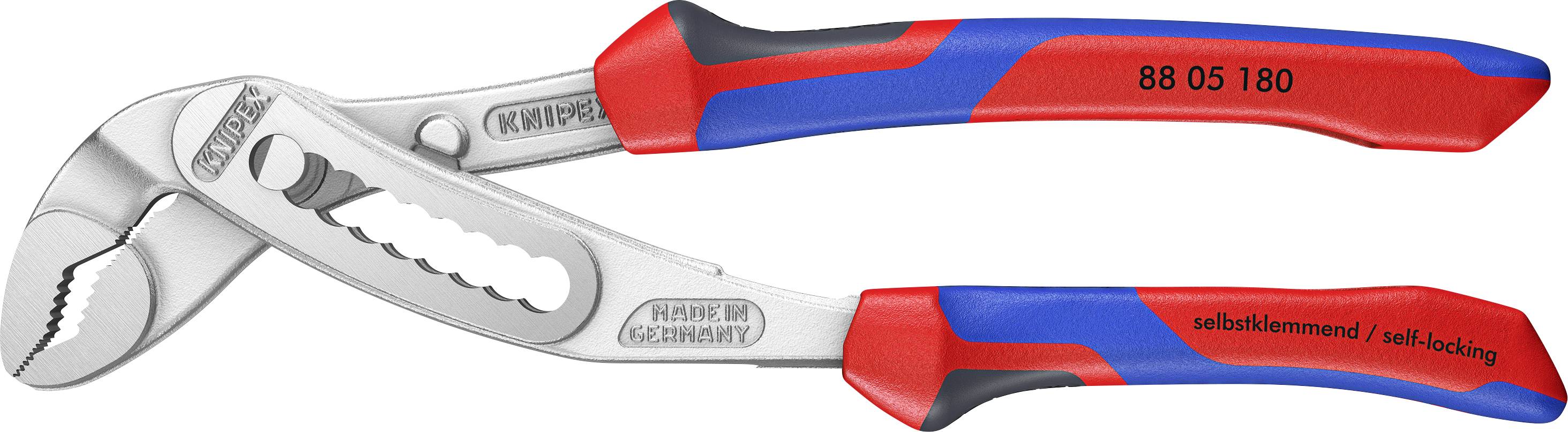Adjustable pliers with red and blue handles, labeled 'Made in Germany,' featuring multi-groove jaws for gripping various surfaces.