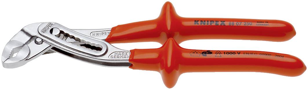 A water pump pliers with red, insulated handles, suitable for work up to 1000 V, by the brand Knipex.