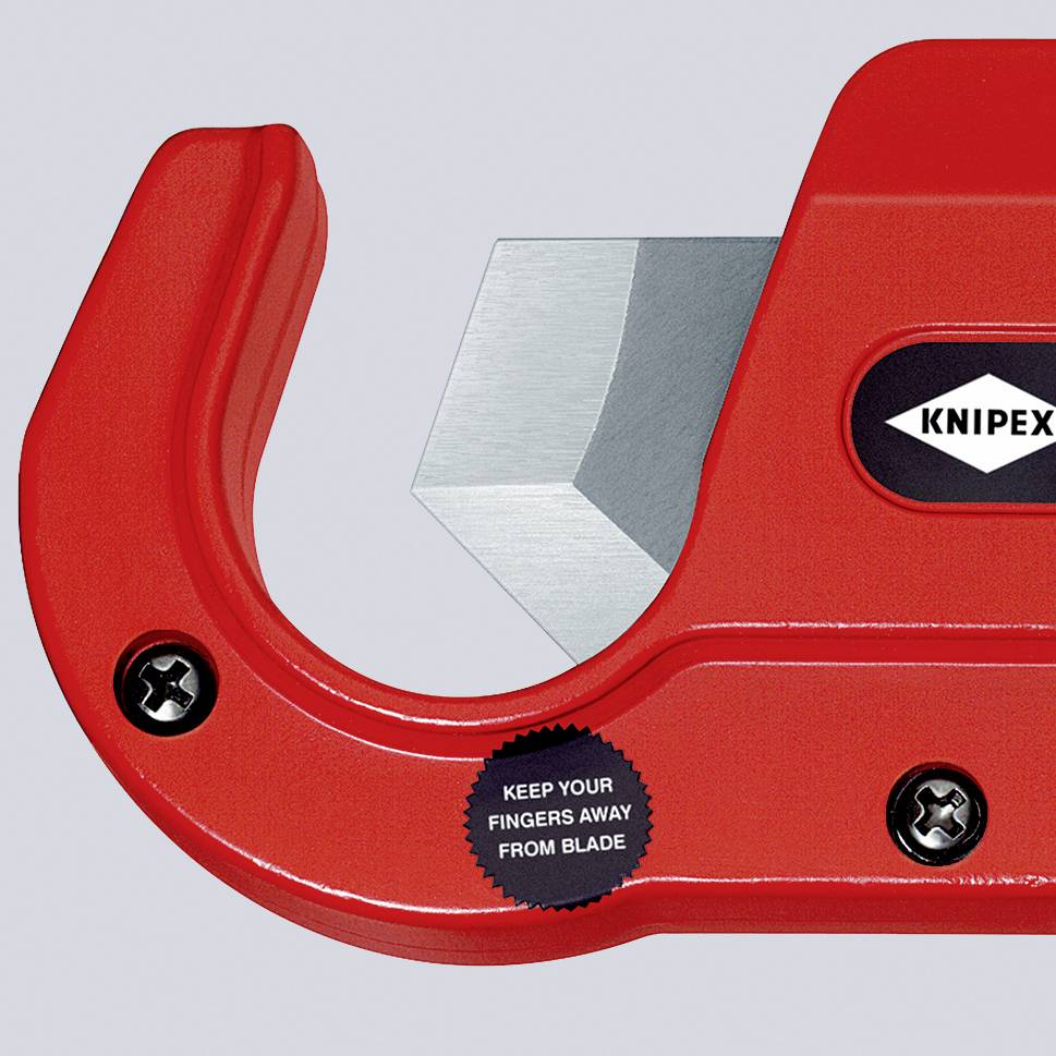 Red pipe cutting tool with KNIPEX logo. A warning: 'KEEP YOUR FINGERS AWAY FROM BLADE'. Suitable for pipes.