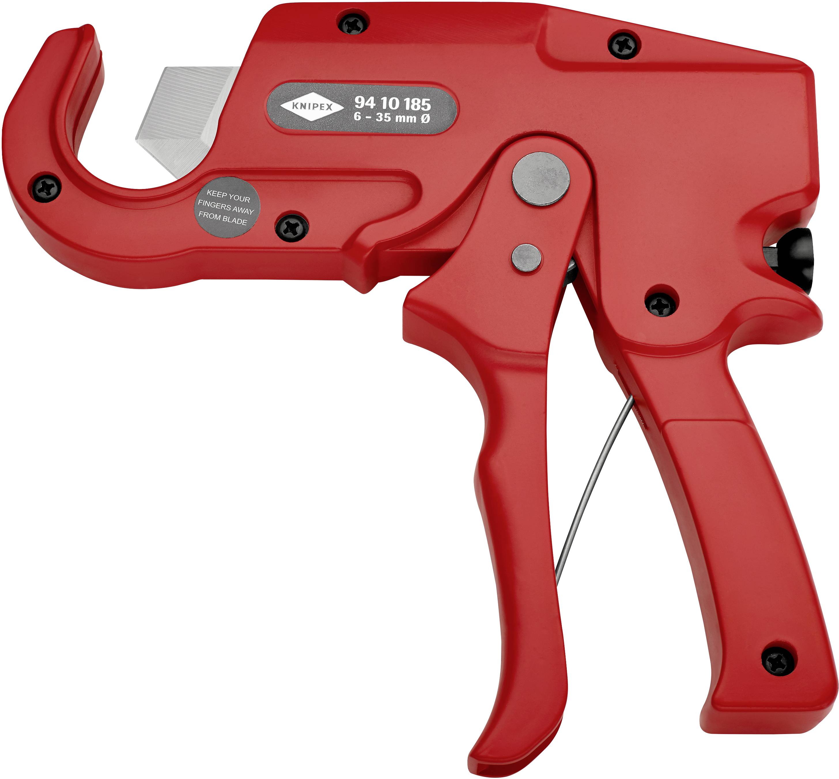 Hand pipe cutter in red, suitable for plastics from 6 to 35 mm diameter, with ergonomic handle and safety lock.