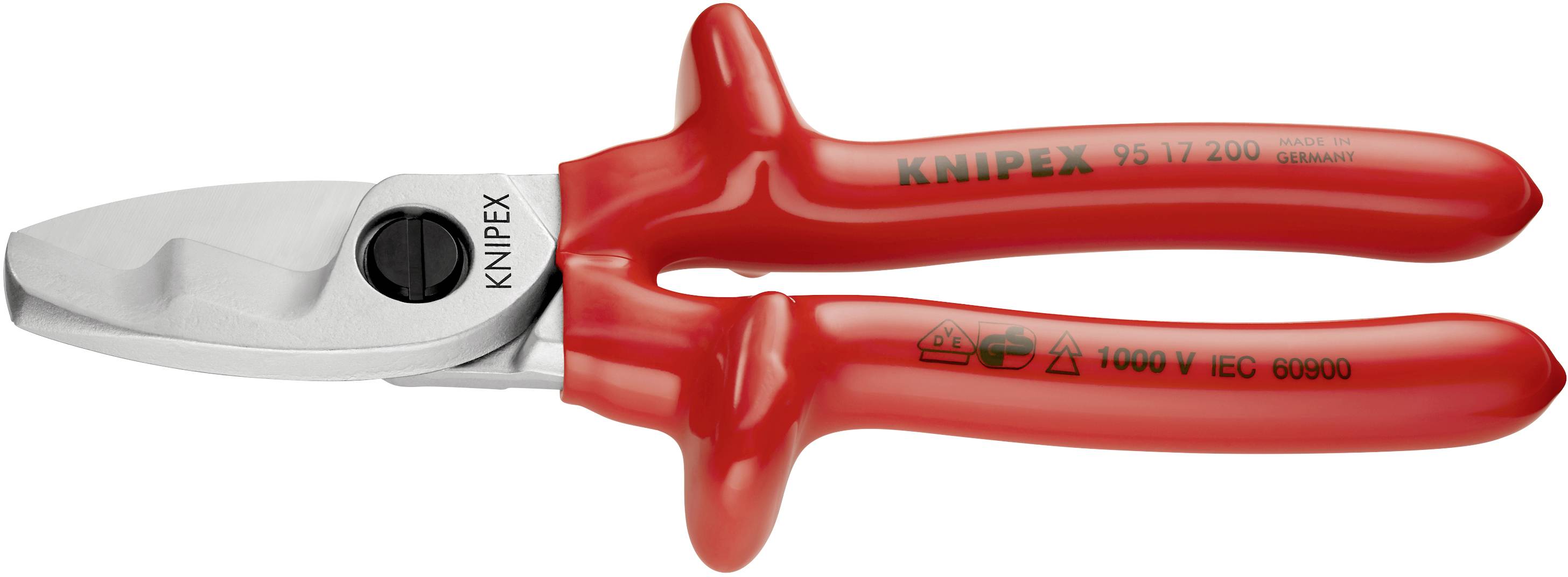 Rote Kabelschere mit isolierten Griffen zeigt Herstellerlogo 'KNIPEX'. Geeignet zum Schneiden von Kabeln, erhöhte Sicherheit bis 1000V.