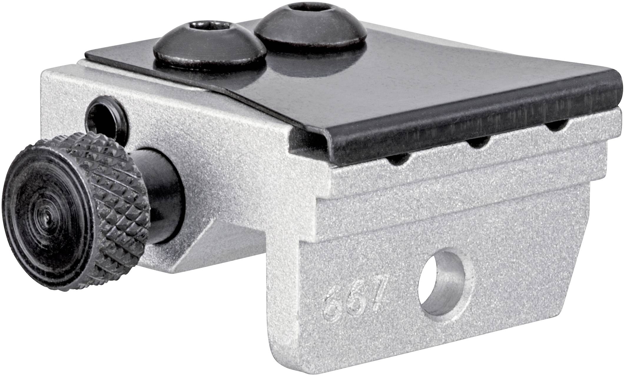 Metal mounting plate with screws and holes, suitable for attaching accessories to technical equipment.