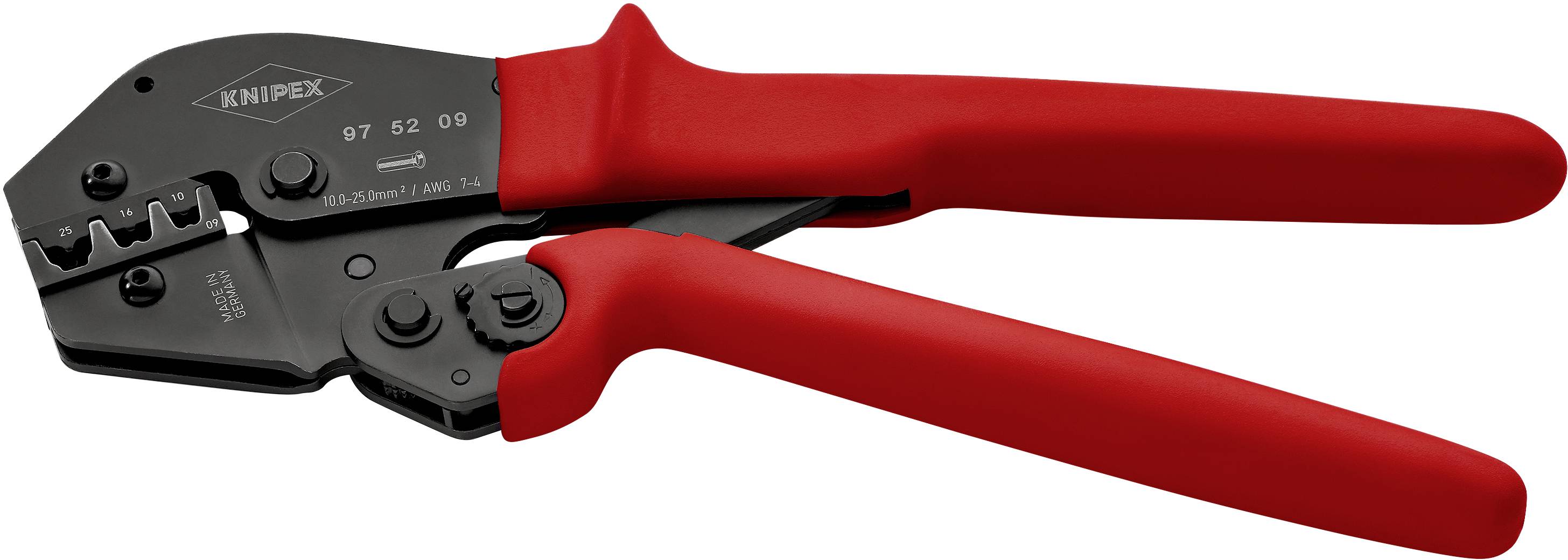A red crimping pliers with a black head, suitable for processing cable connectors.