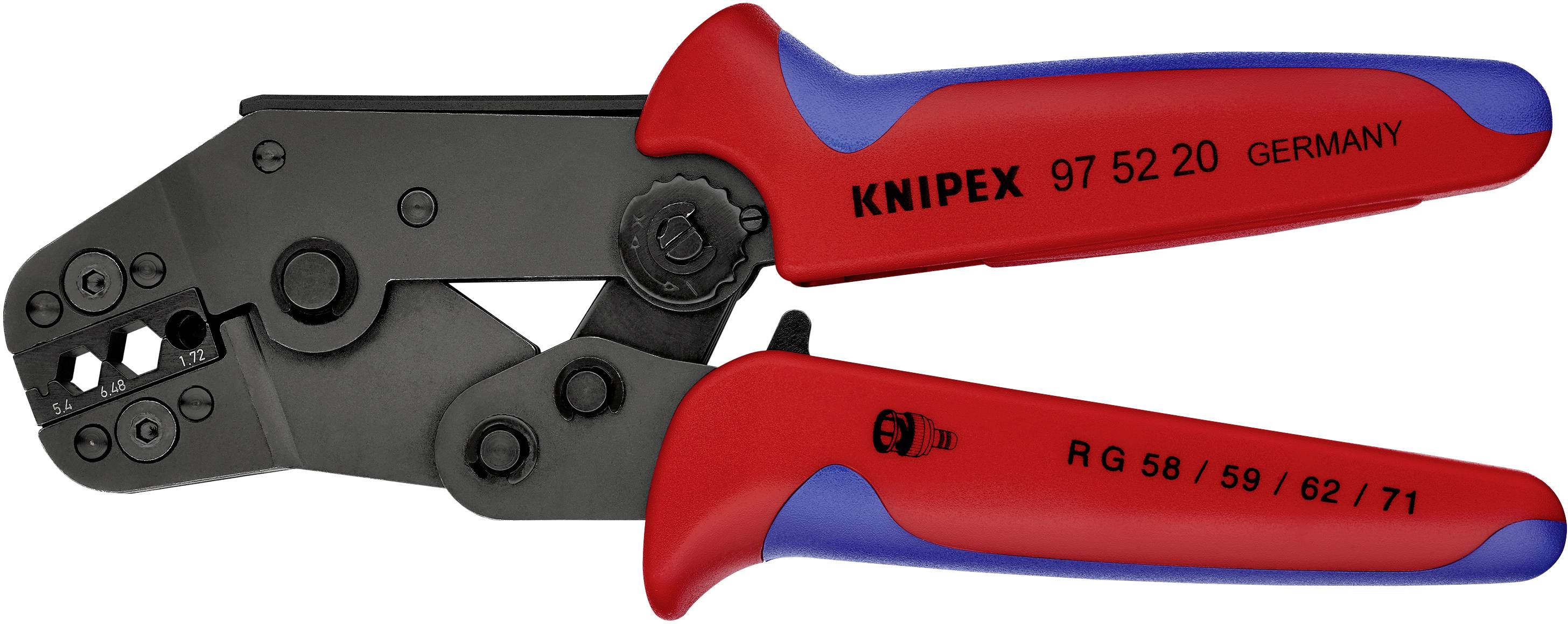 Crimping pliers with red and blue handles, suitable for RG 58/59/62/71 cables. Inscription: 'Knipex 97 52 20 Germany'.