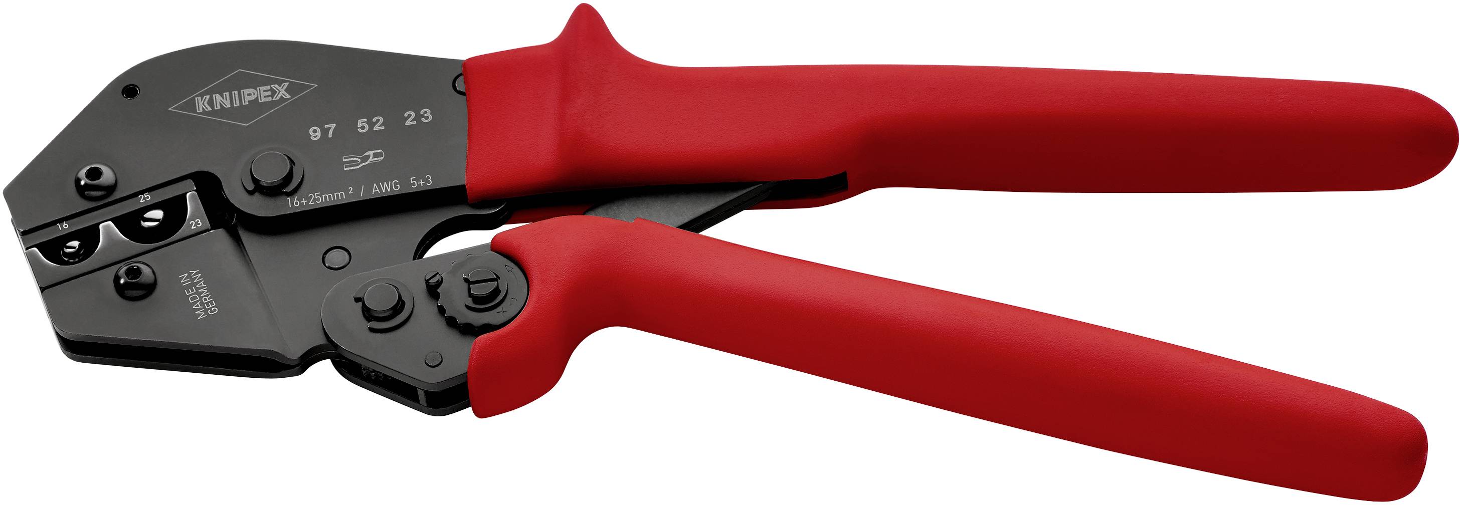 Red crimping pliers with black head, suitable for crimping cable lugs.