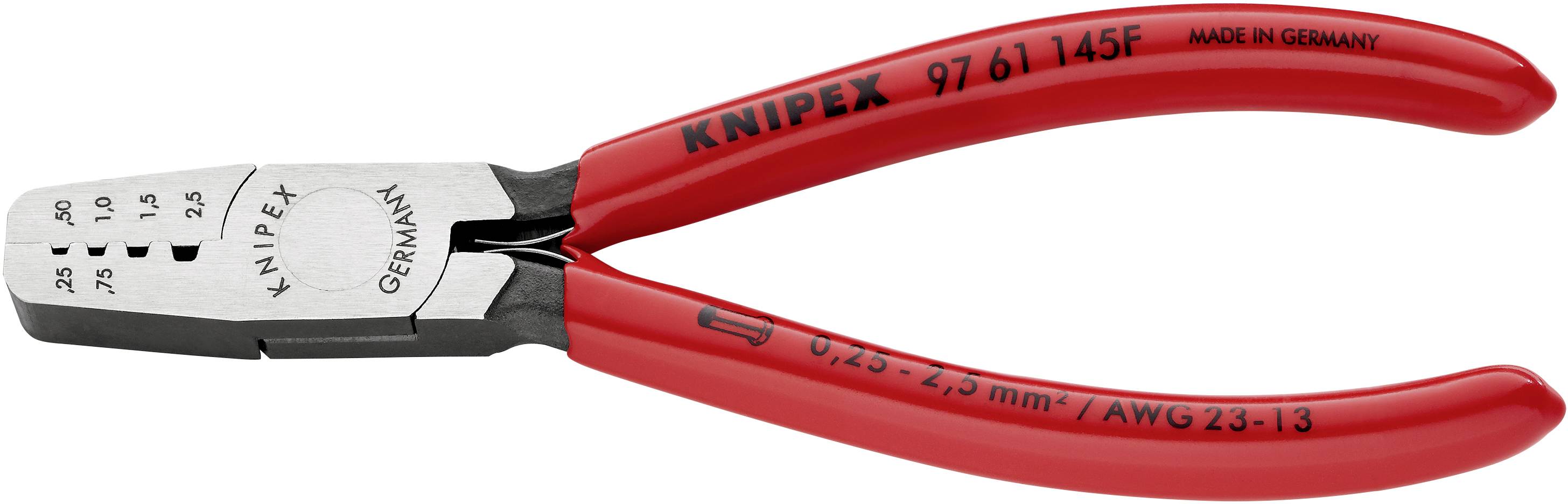 Red crimping pliers by KNIPEX for crimping cable lugs, with scale for various cable sizes, made in Germany.