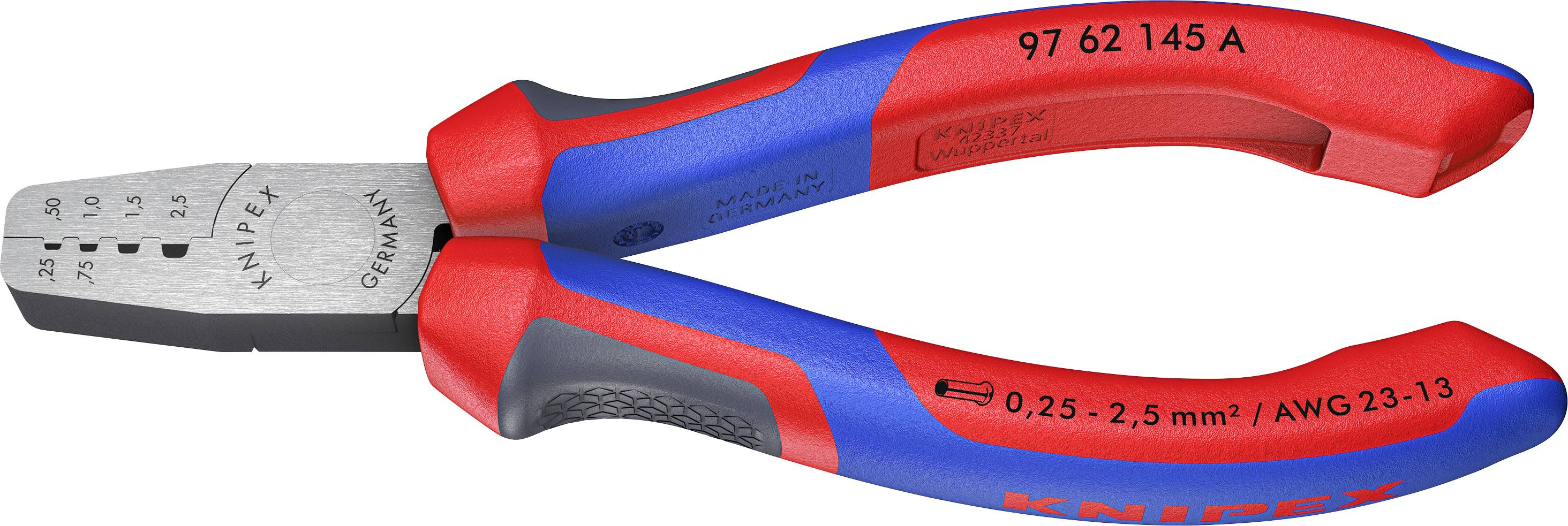 Two hand tools: a water pump pliers and a combination pliers by Knipex with red and blue handles. They are situated next to a black bag with the Knipex logo.