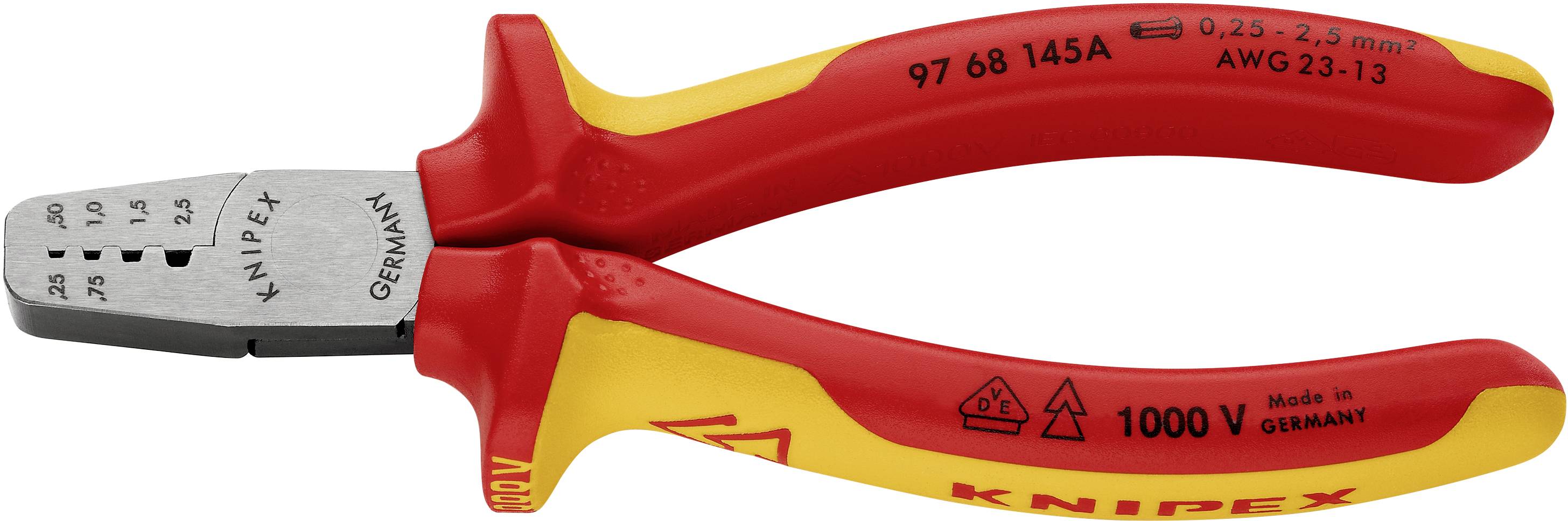 Isolated red and yellow crimping pliers with 'Knipex' marking, suitable for 0.25–2.5 mm² cables. Used for electrical work.